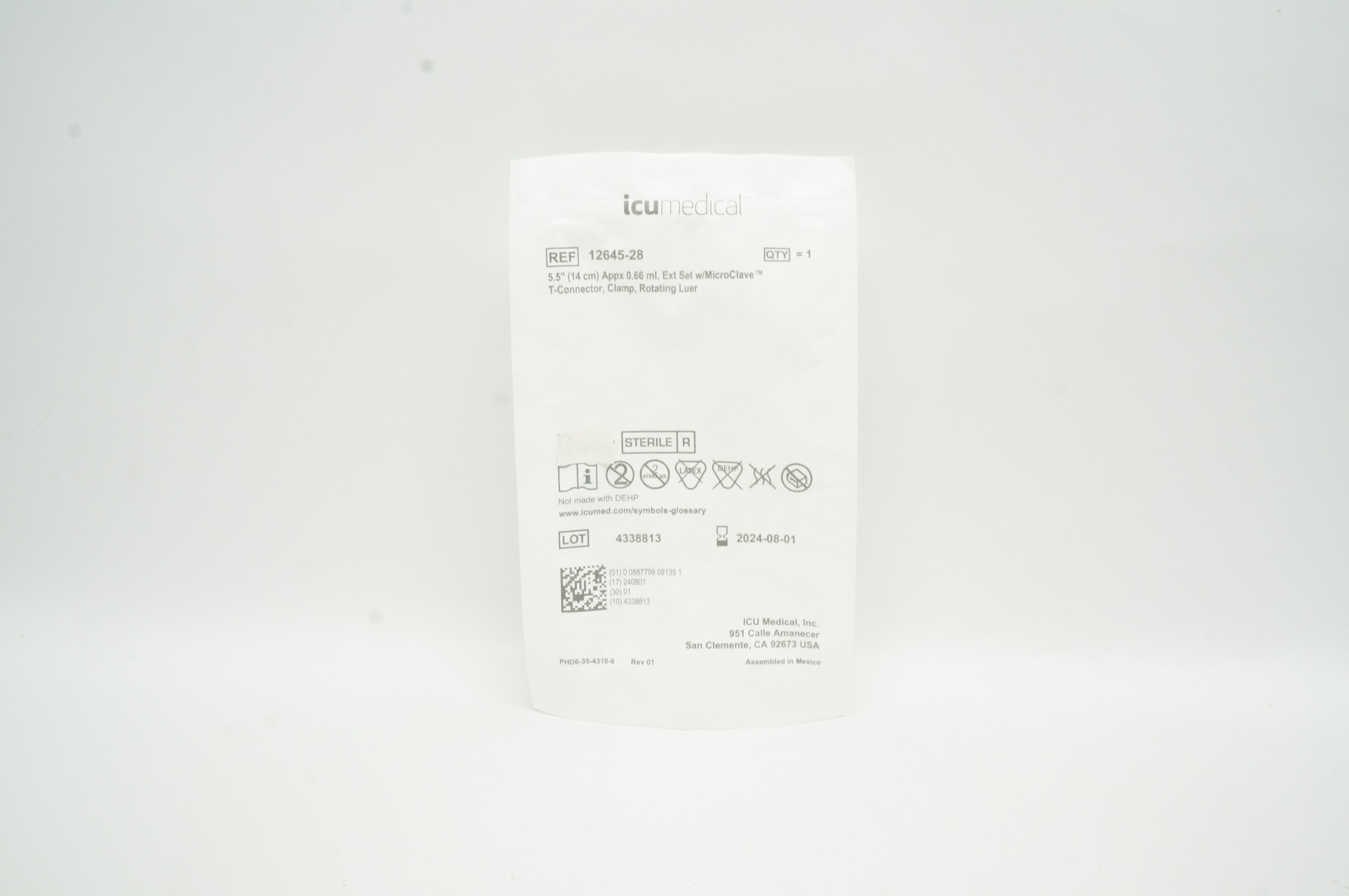 ICU Medical 12645-28 Ext Set w/Micro Clave T-Connector Rotating Luer 5.5inch