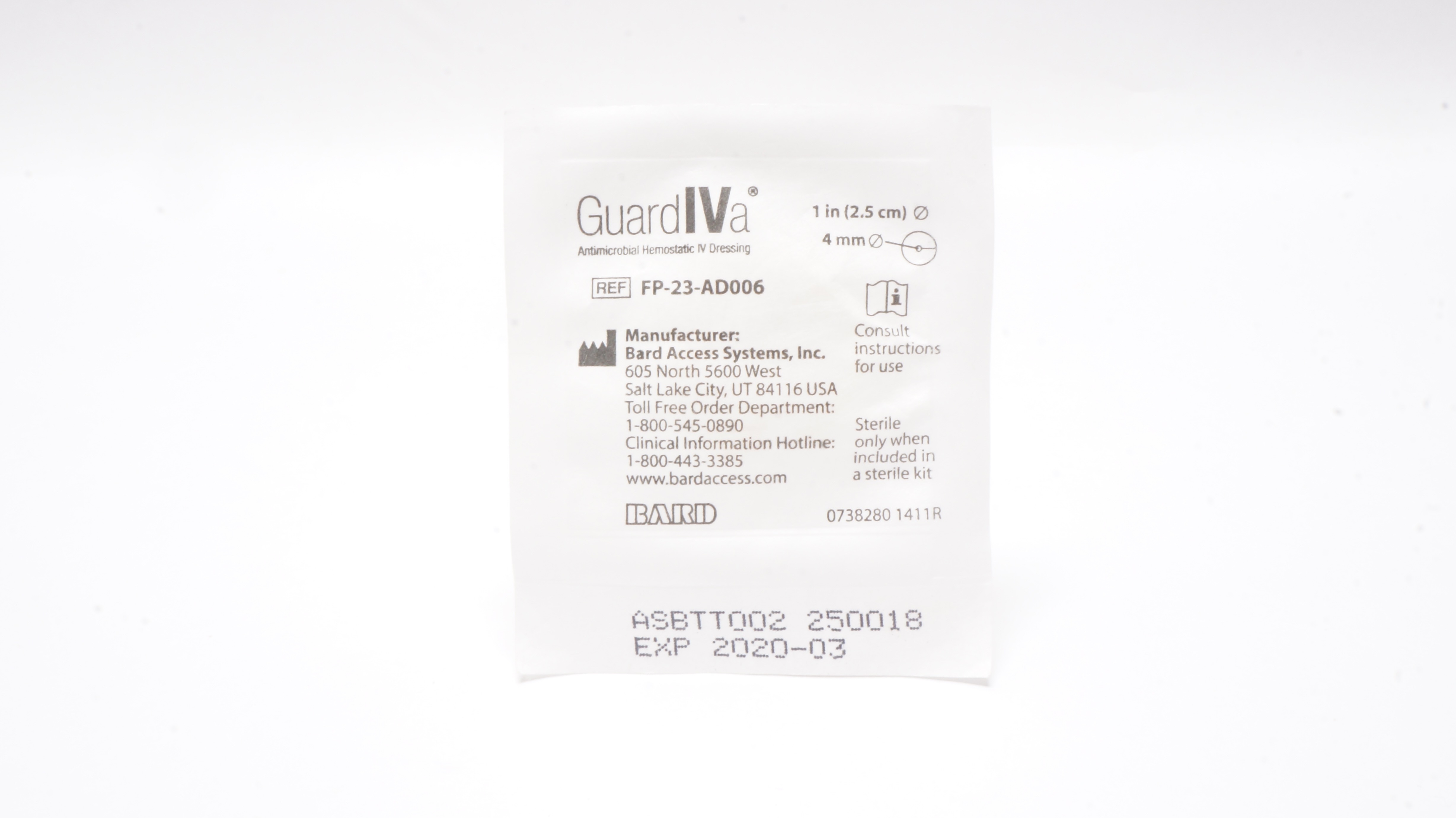 Bard FP-23-AD006 GuardIVa Hemostatic IV Dressing 1inch x 4mm (x)