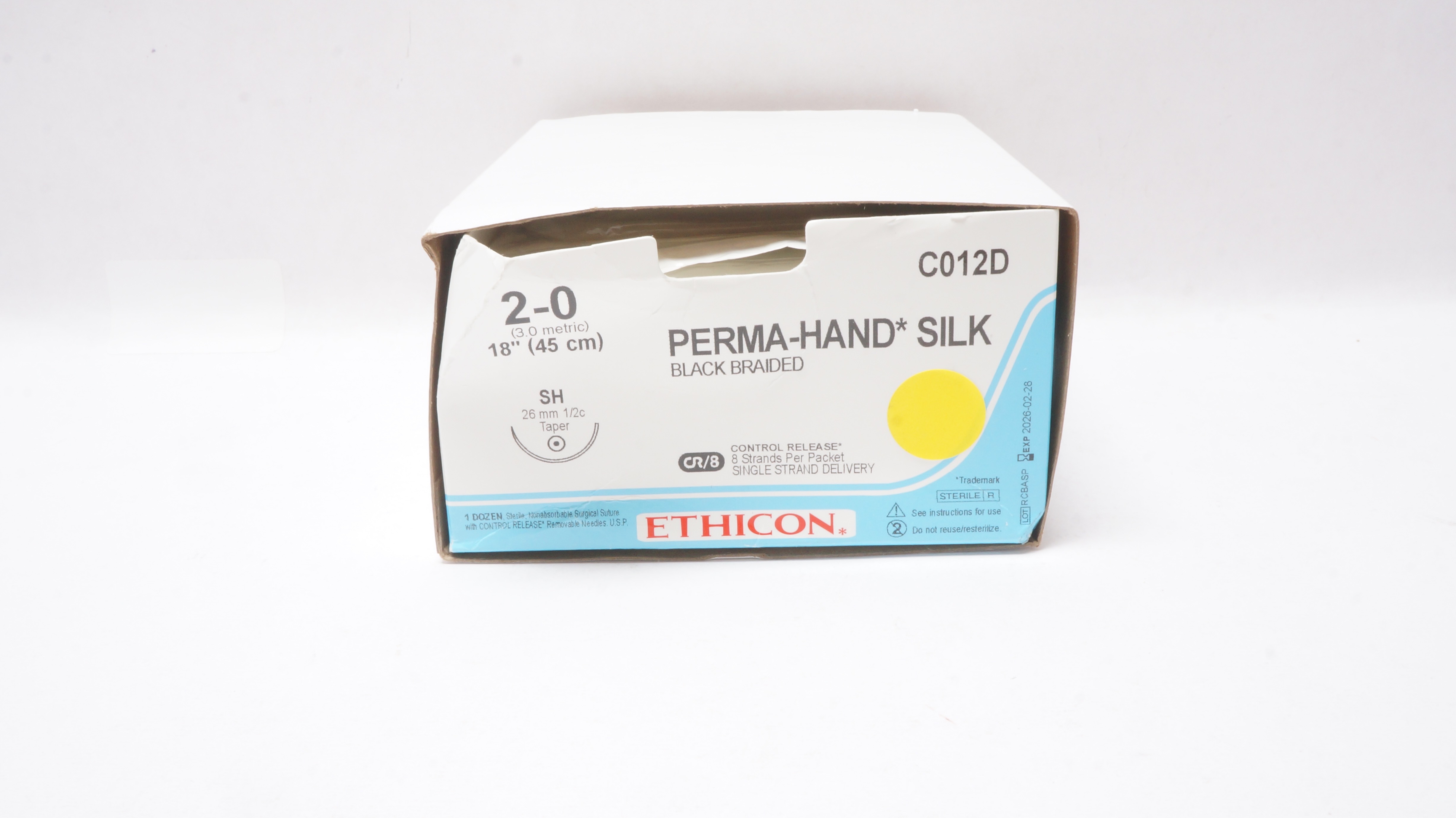 Ethicon C012D 2-0 Perma-Hand Silk,Surgical Stre SH 26mm 1/2c Taper,18In - Box of 12