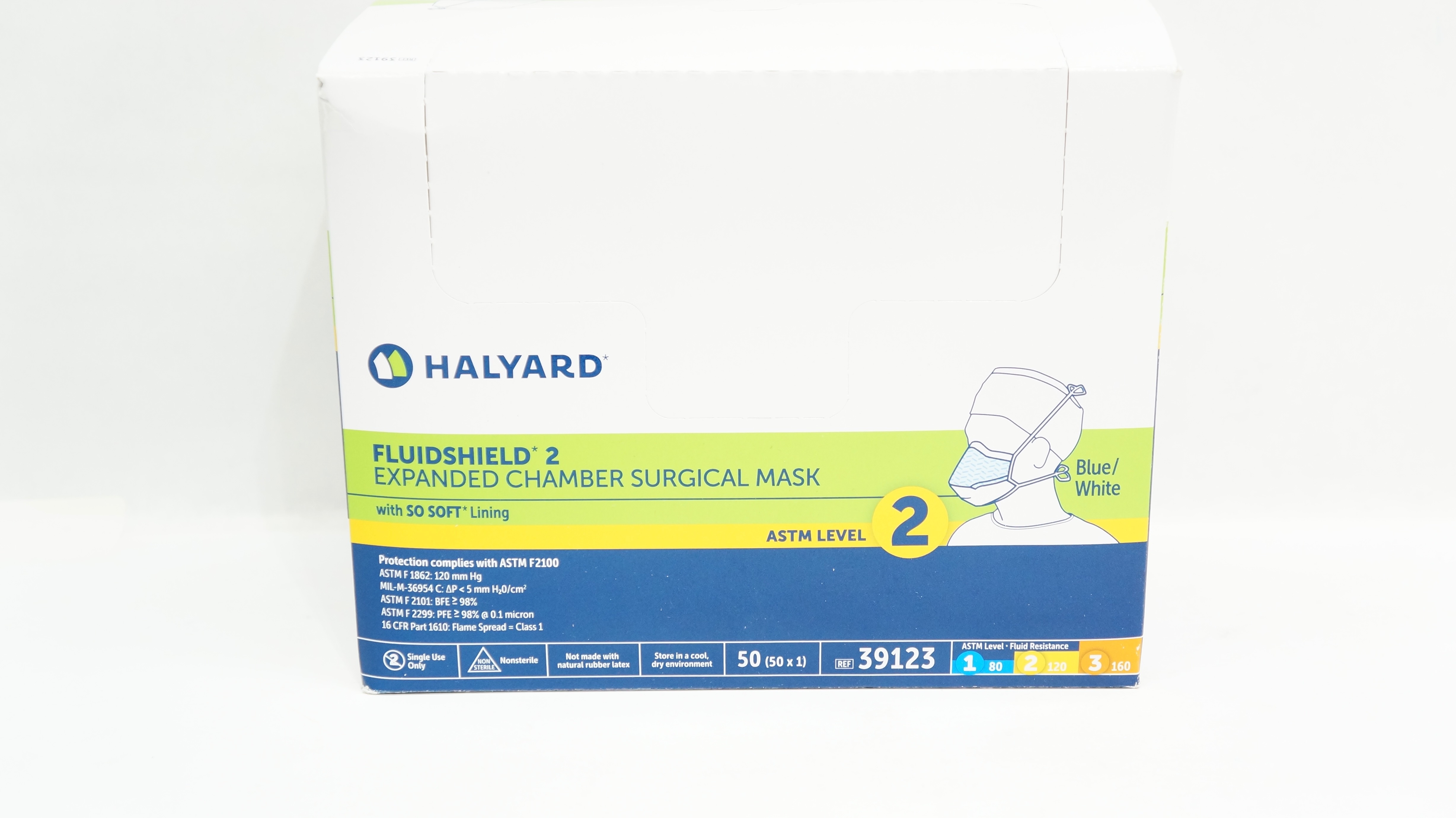 Halyard 39123 Fluidshield 2 Expanded Chamber Surgical Mask, Level 2 - Box of 50