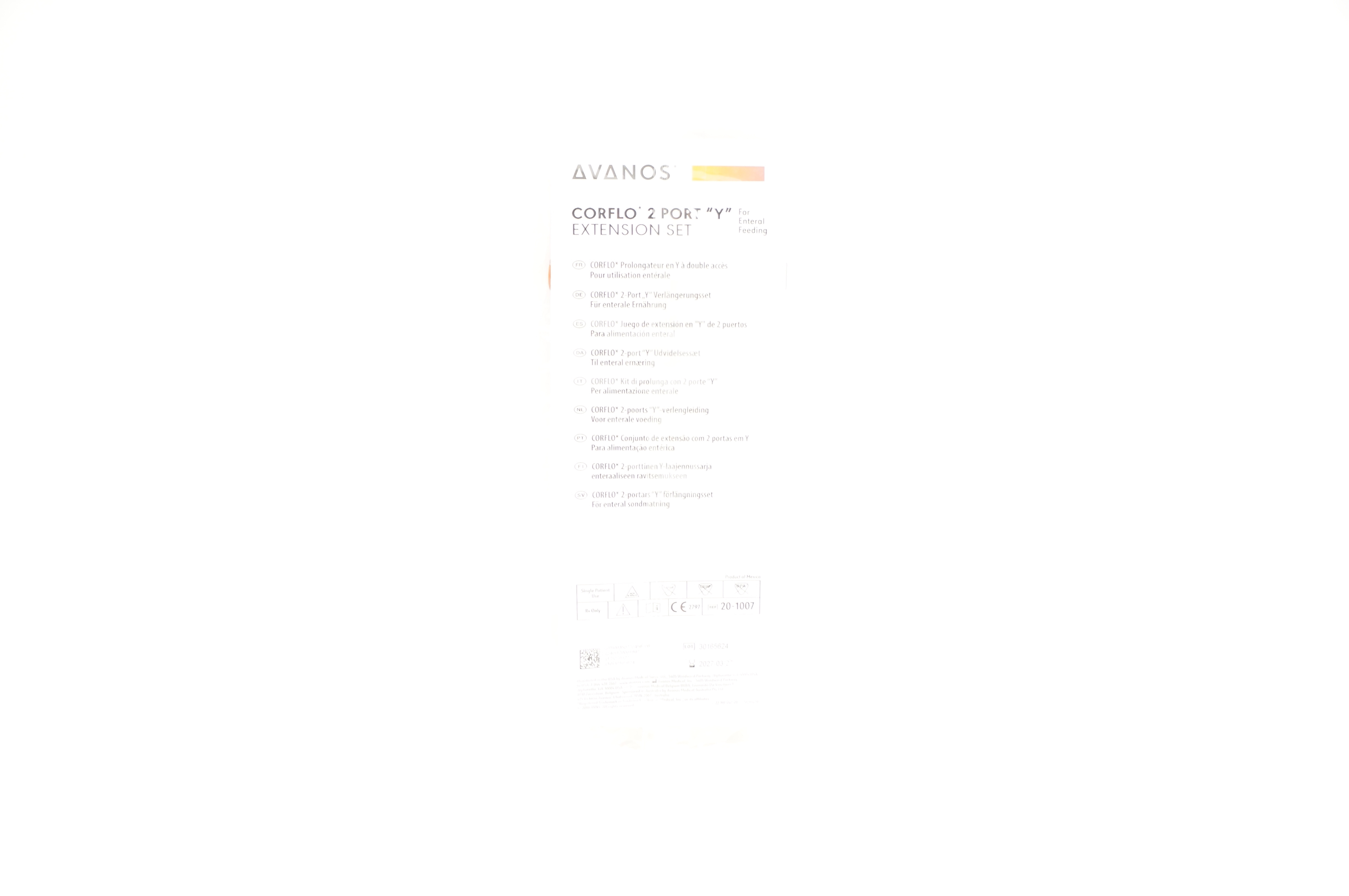 Avanos 20-1007 Corflo 2 Port "Y" Extension Set For Enteral Feeding