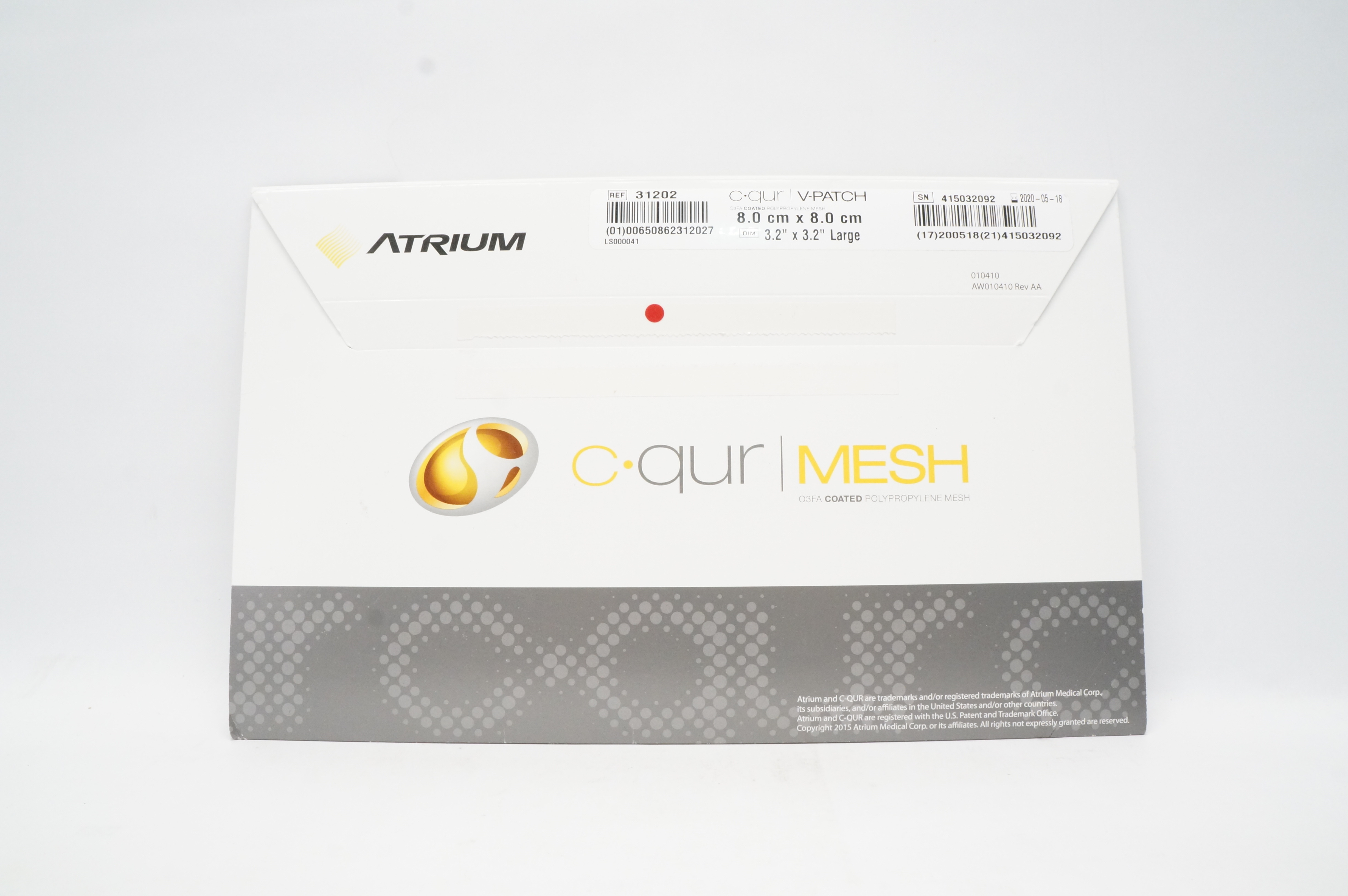 Atrium 31202 C Qur V Patch Coated Polypropylene Mesh 8.0x8.0 cm, 3.2x 3.2in. (x)