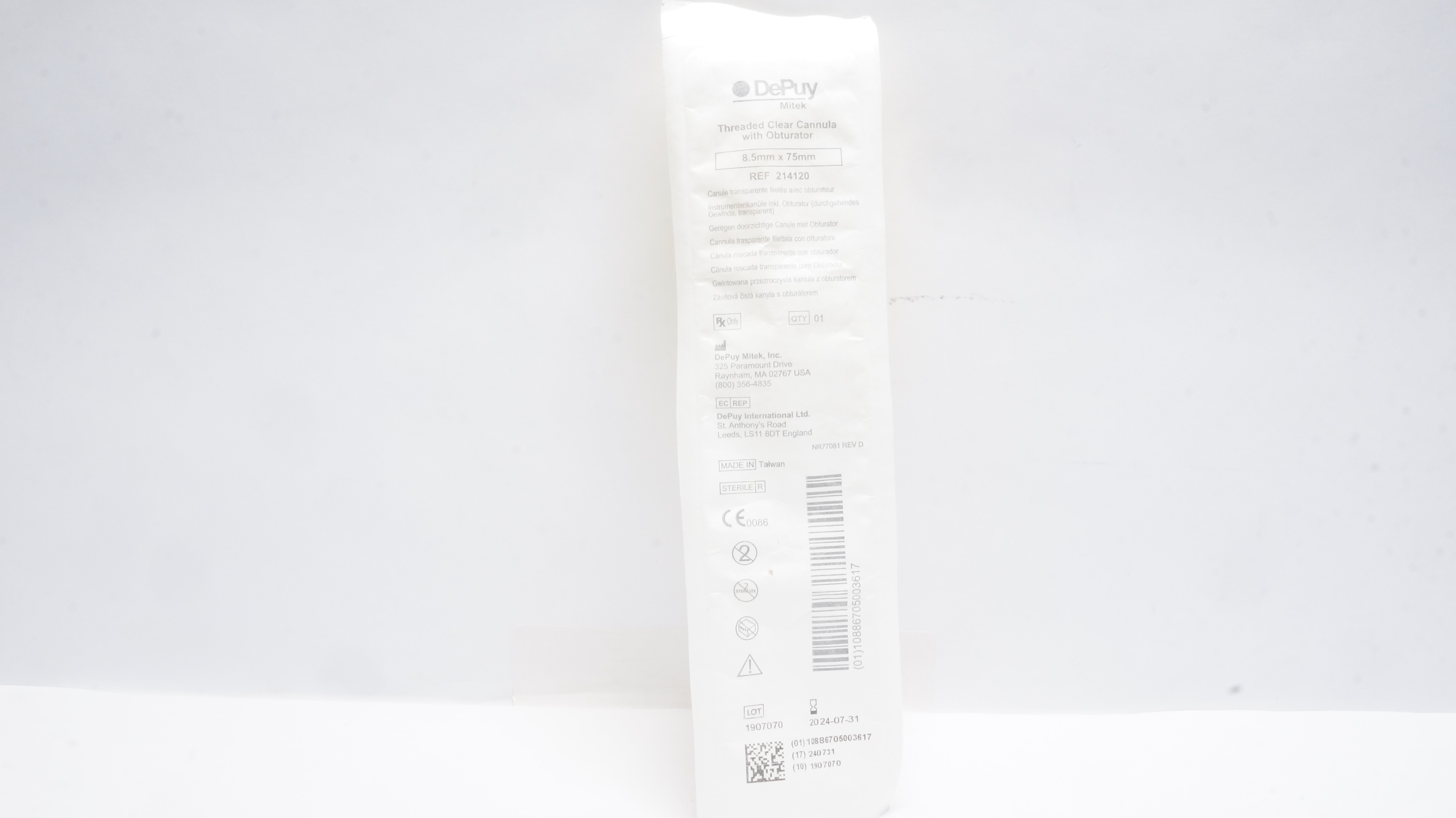DePuy 214120 Threaded Clear Cannula with Obturator 8.5mm x 75mm (x)