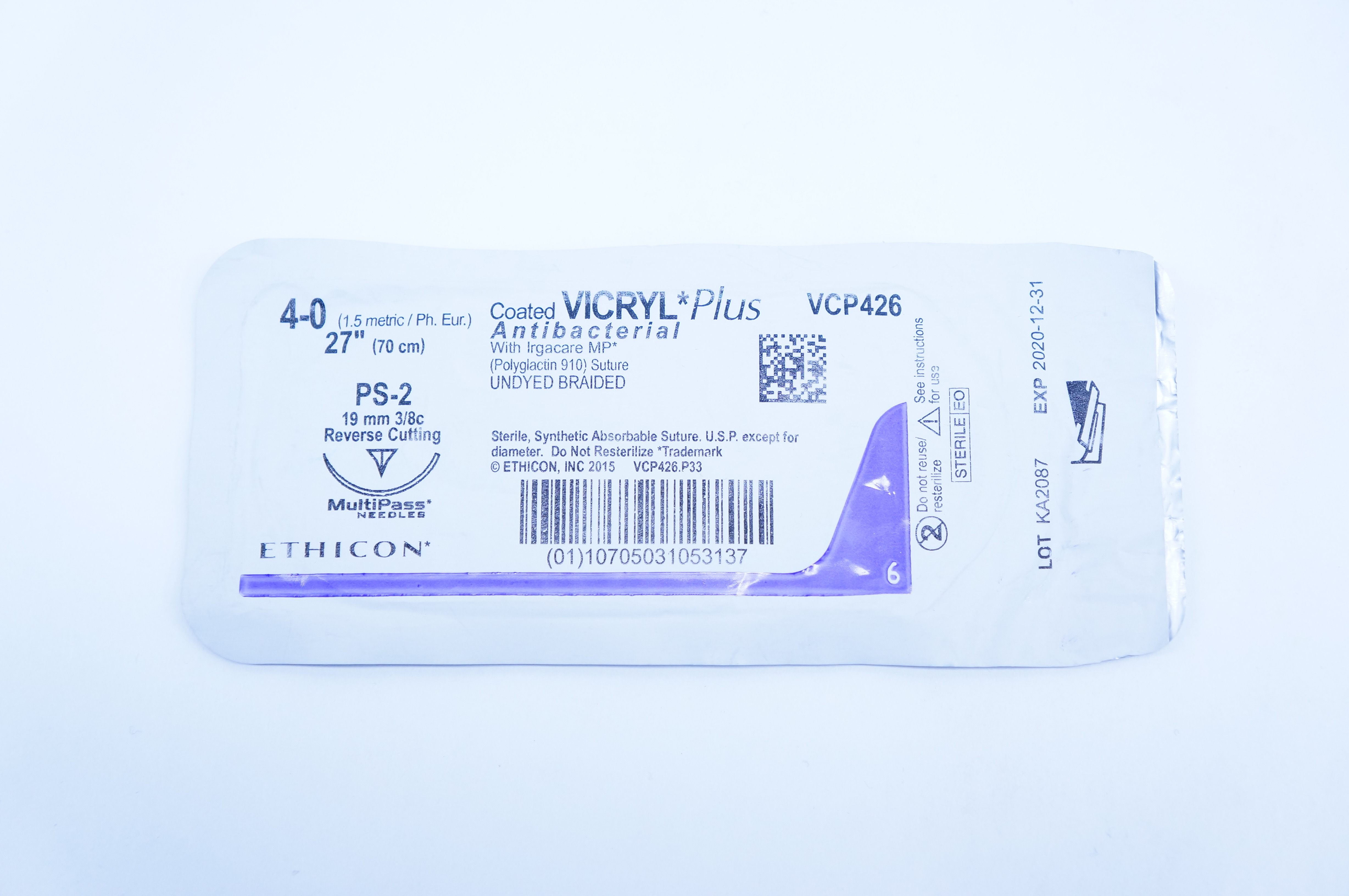 Ethicon VCP426 4-0 Vicryl Antibacterial Stre. Undyed Braided PS-2, 27inch