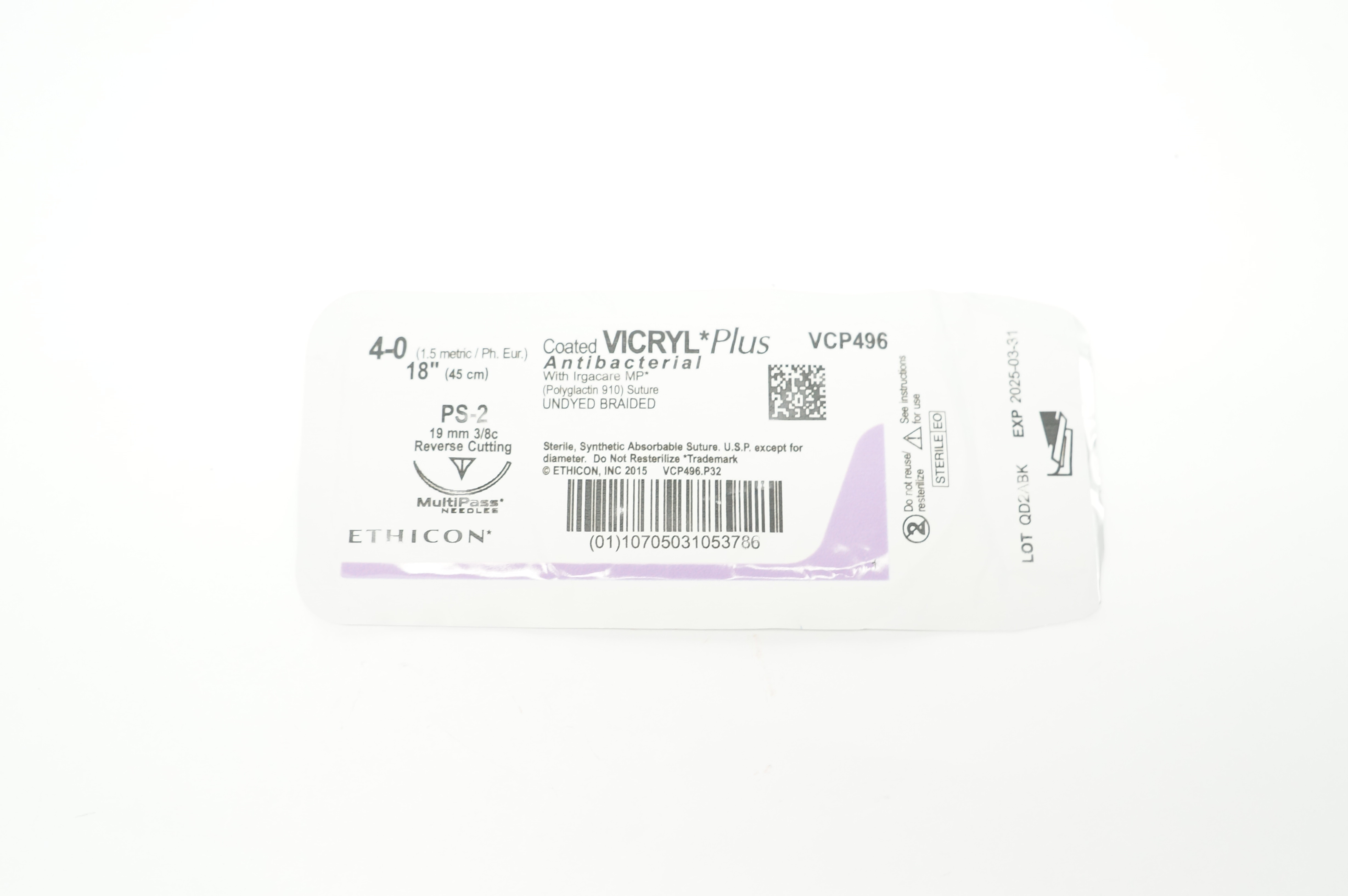 Ethicon VCP496 4-0 Vicryl Plus PS-2 Reverse Cutting 19mm 3/8c 18inch