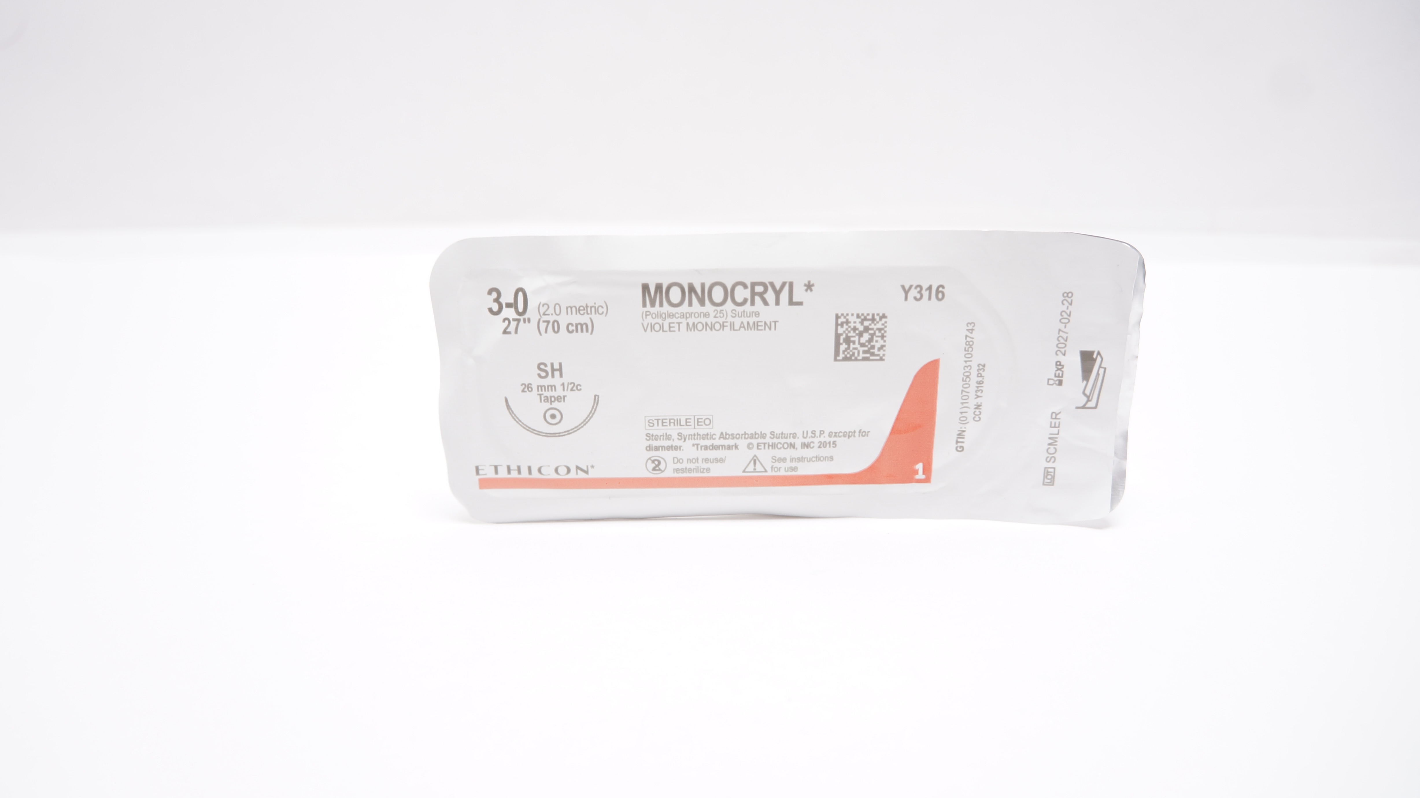 Ethicon Y316 3-0 Monocryl Stre Violet Monofilament, SH 26mm 1/2c Taper, 27 inch