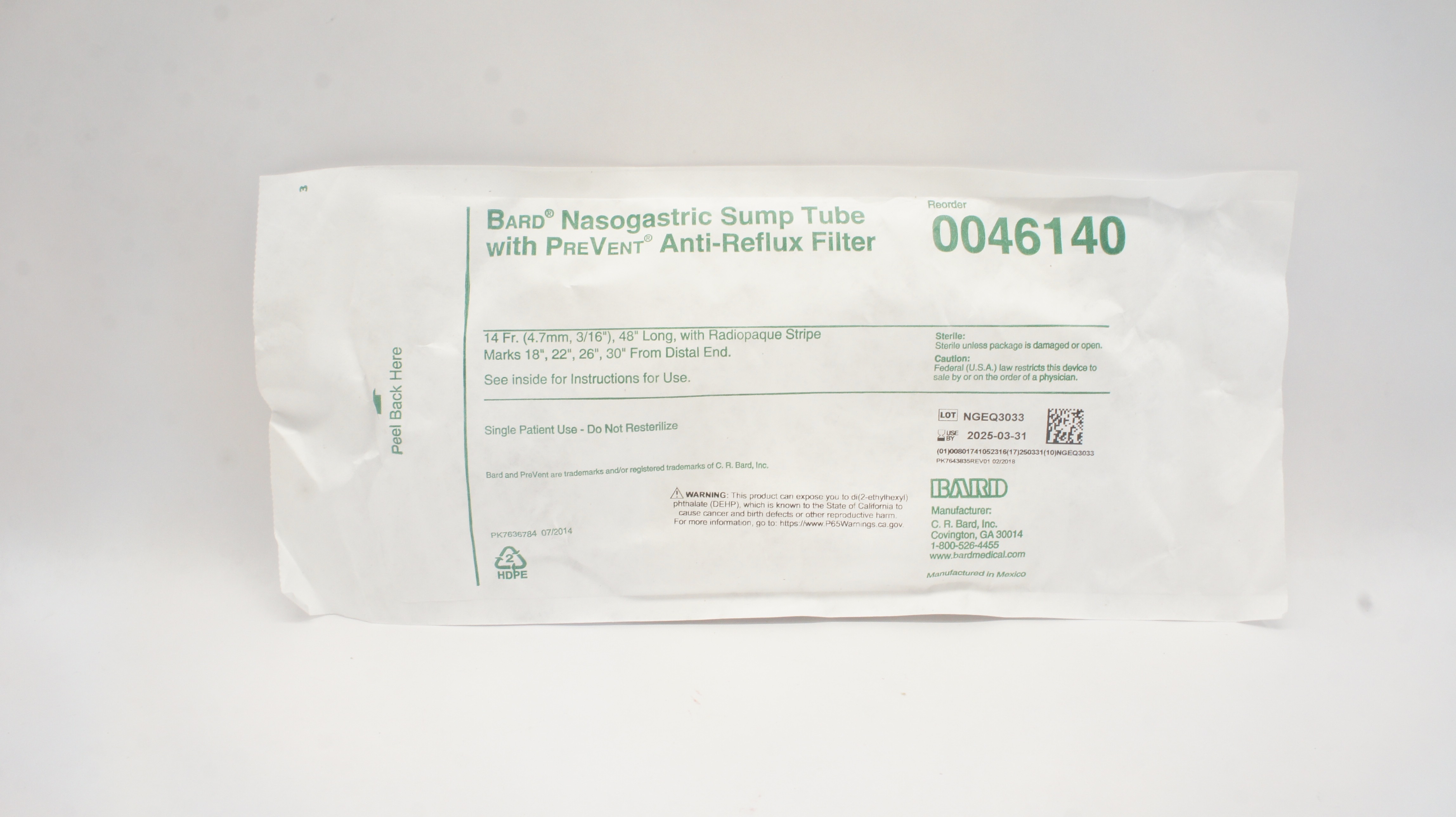 Bard 0046140 Nasogastric Sump Tube with PreVent Anti-Reflux Filter 14Fr x 48inch