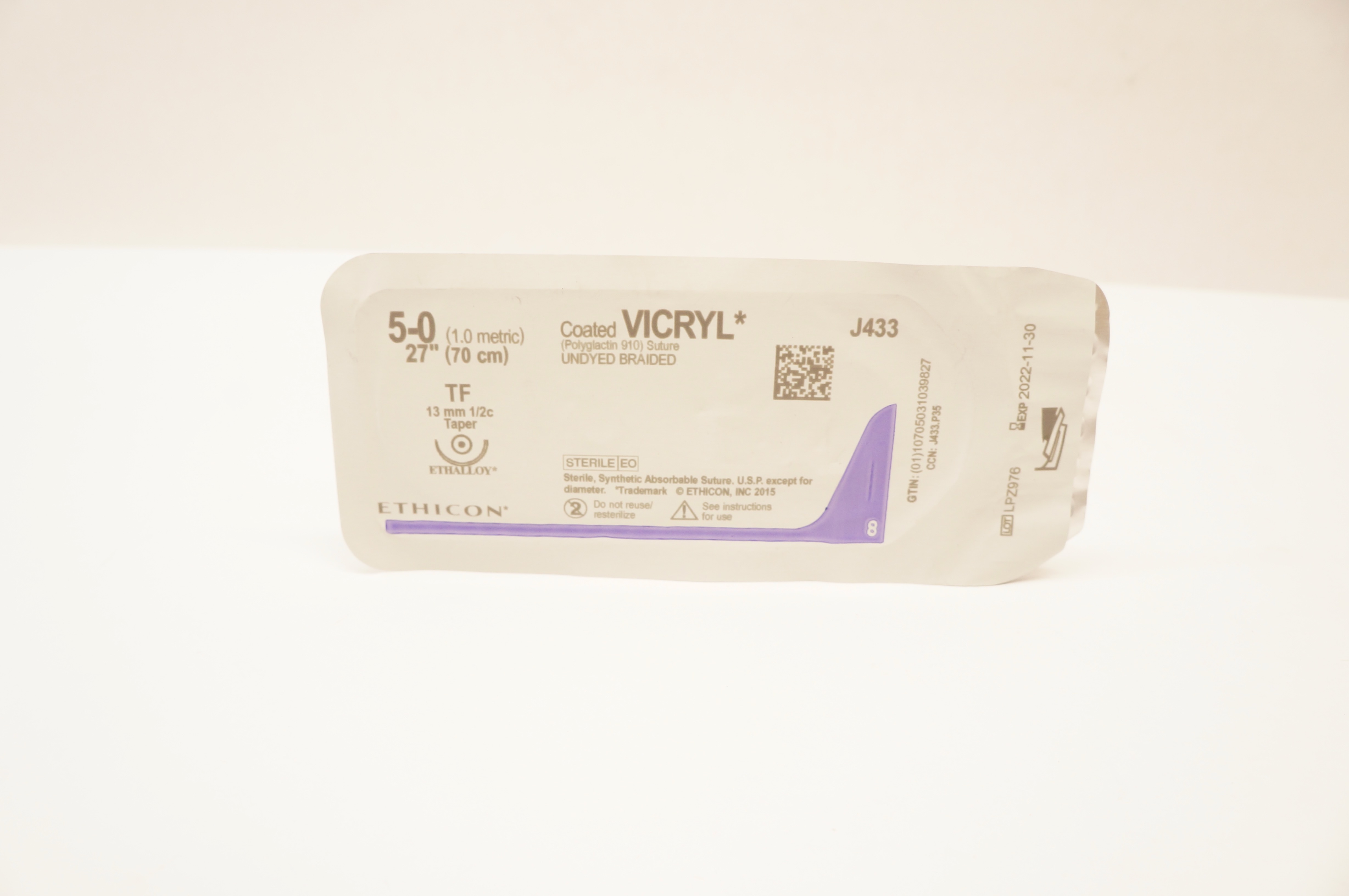 Ethicon J433 5-0 Coated Vicryl Stre Undyed Braided TF 13mm 1/2c Taper 27 inch(x)