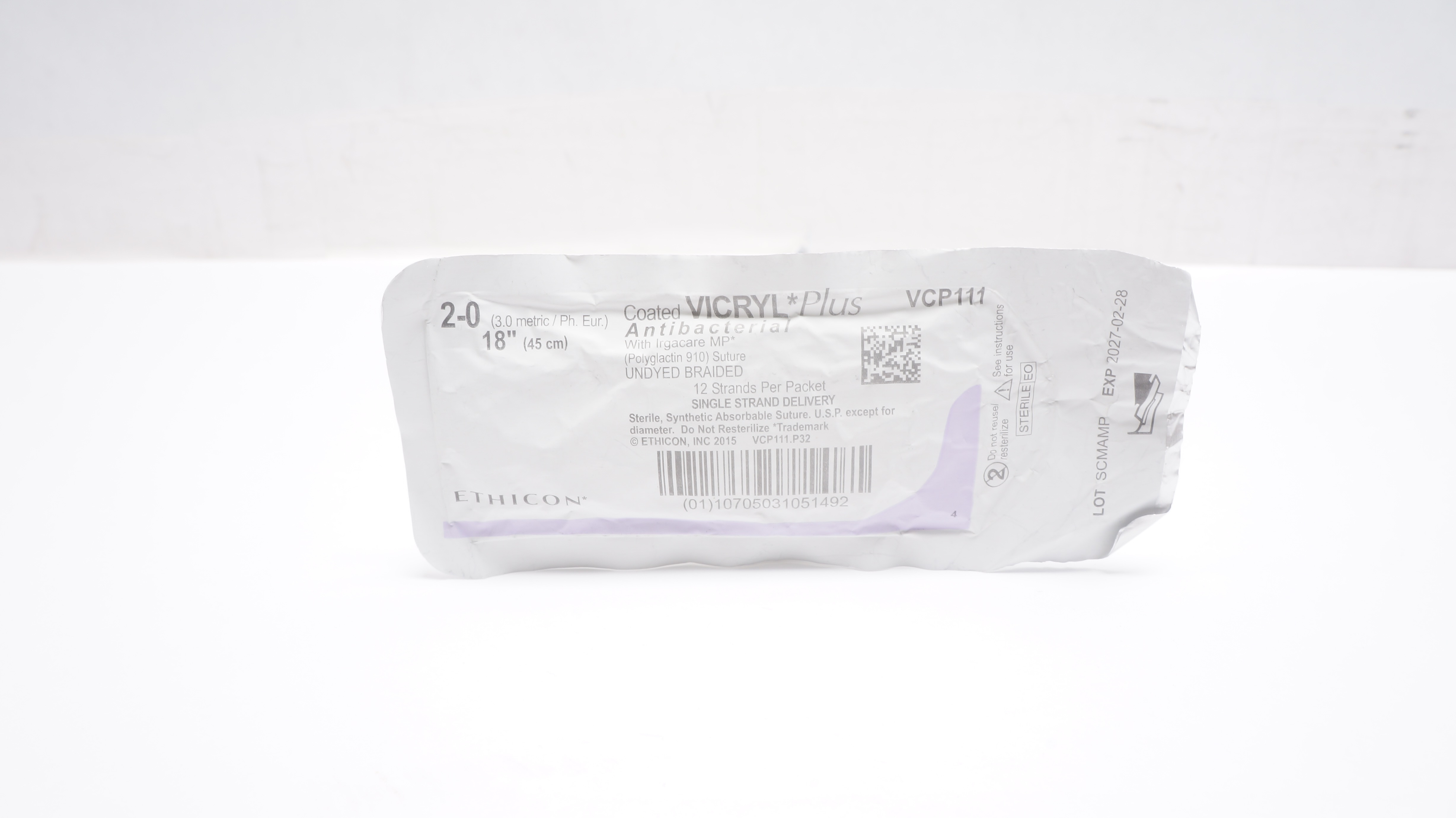 Ethicon VCP111 2-0 Coated Vicryl Plus Antibacterial Polyglactin 910 Stre, 18inch