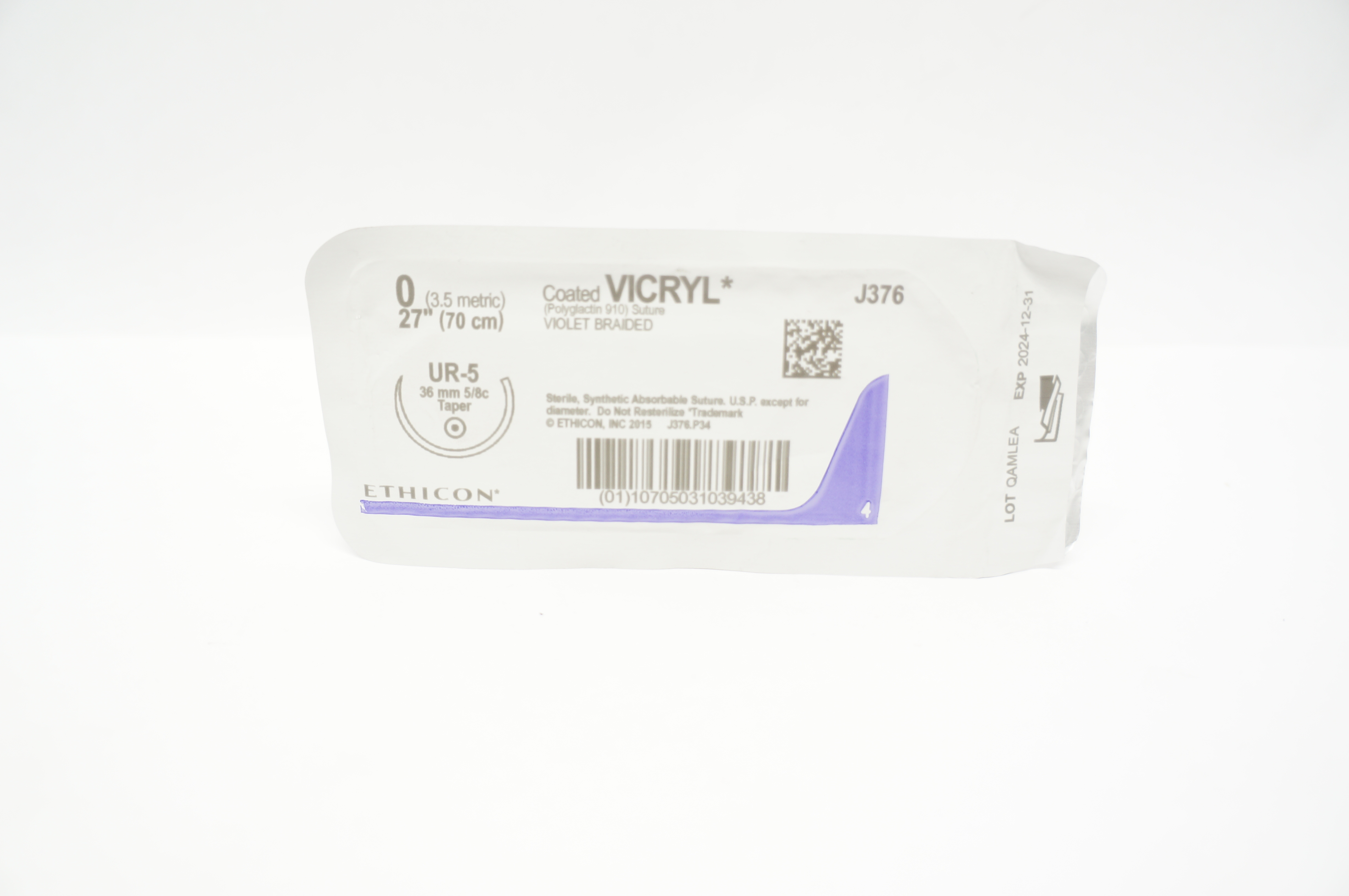 Ethicon J376 0 Coated VICRYL Polyglactin 910 Stre UR-5 36mm 5/8c Taper, 27inch