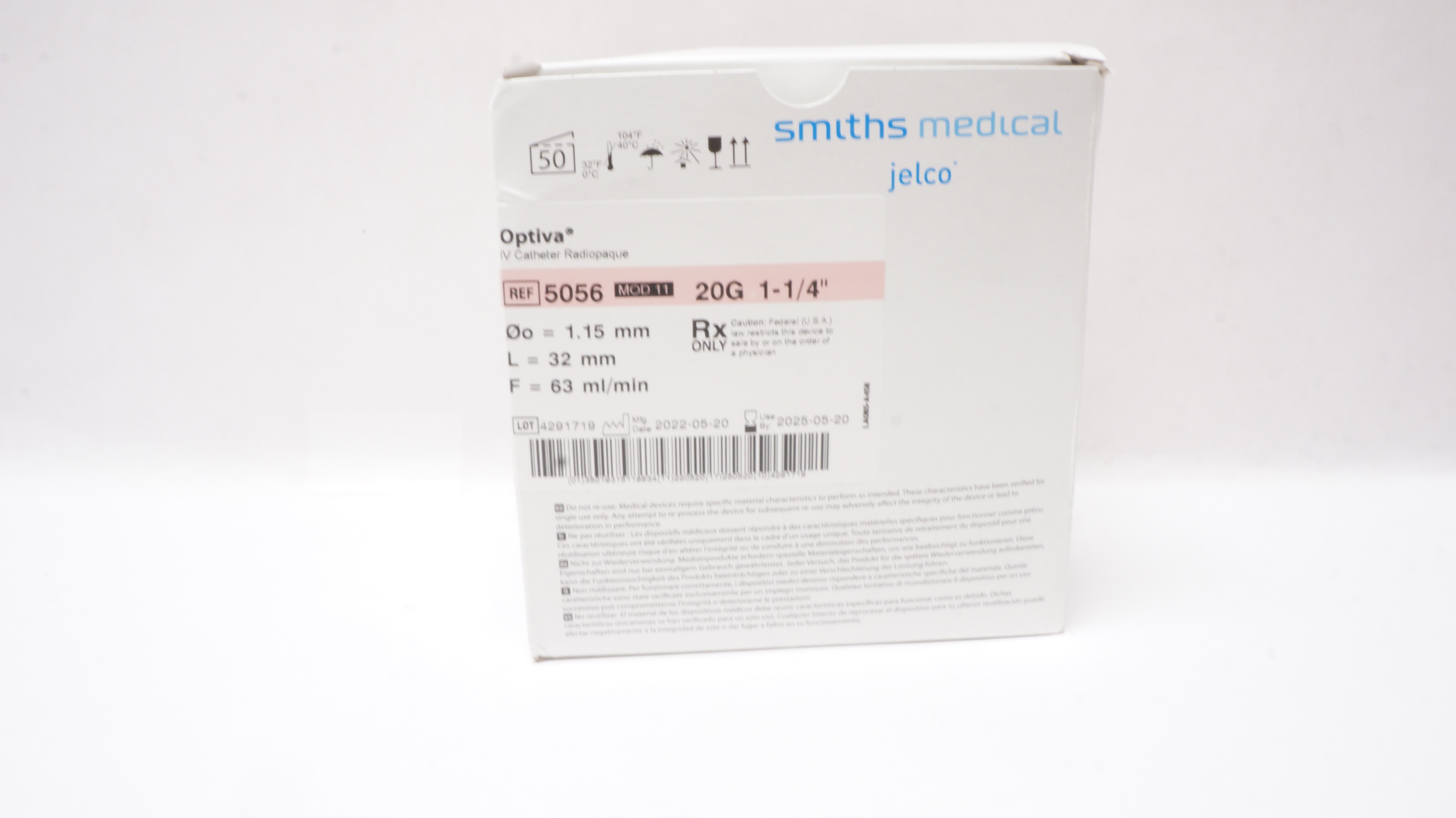 Smiths Medical 5056 Jelco Optiva IV Cath. Radiopaque 20G x 1-1/4inch - Box of 50