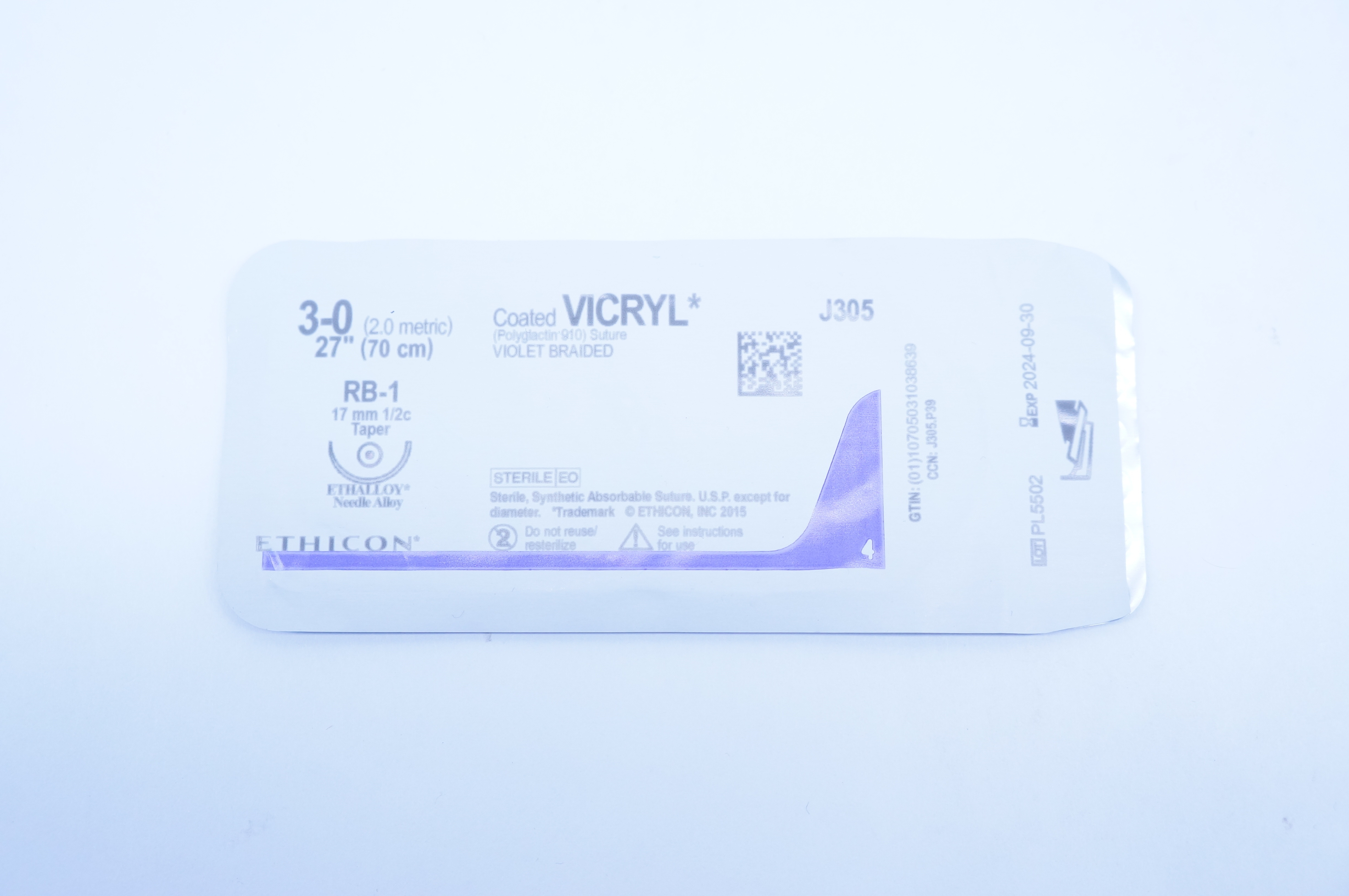 Ethicon J305 3-0 Vicryl, RB-1 17mm 1/2c Taper, 27inch