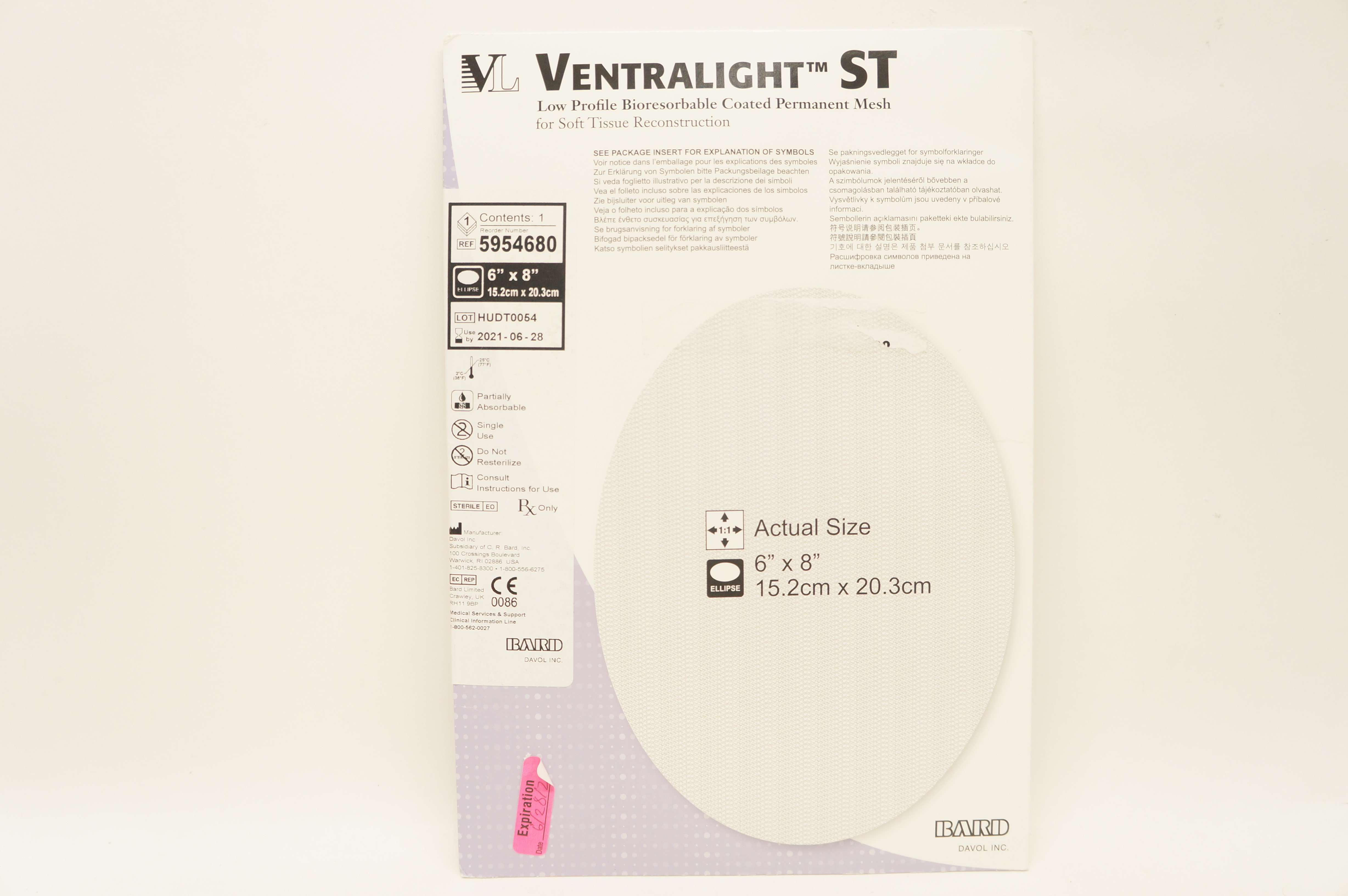 Bard 5954680 Ventralight ST Bioresorbable Coated Permanent Mesh 6 x 8 inch (x)