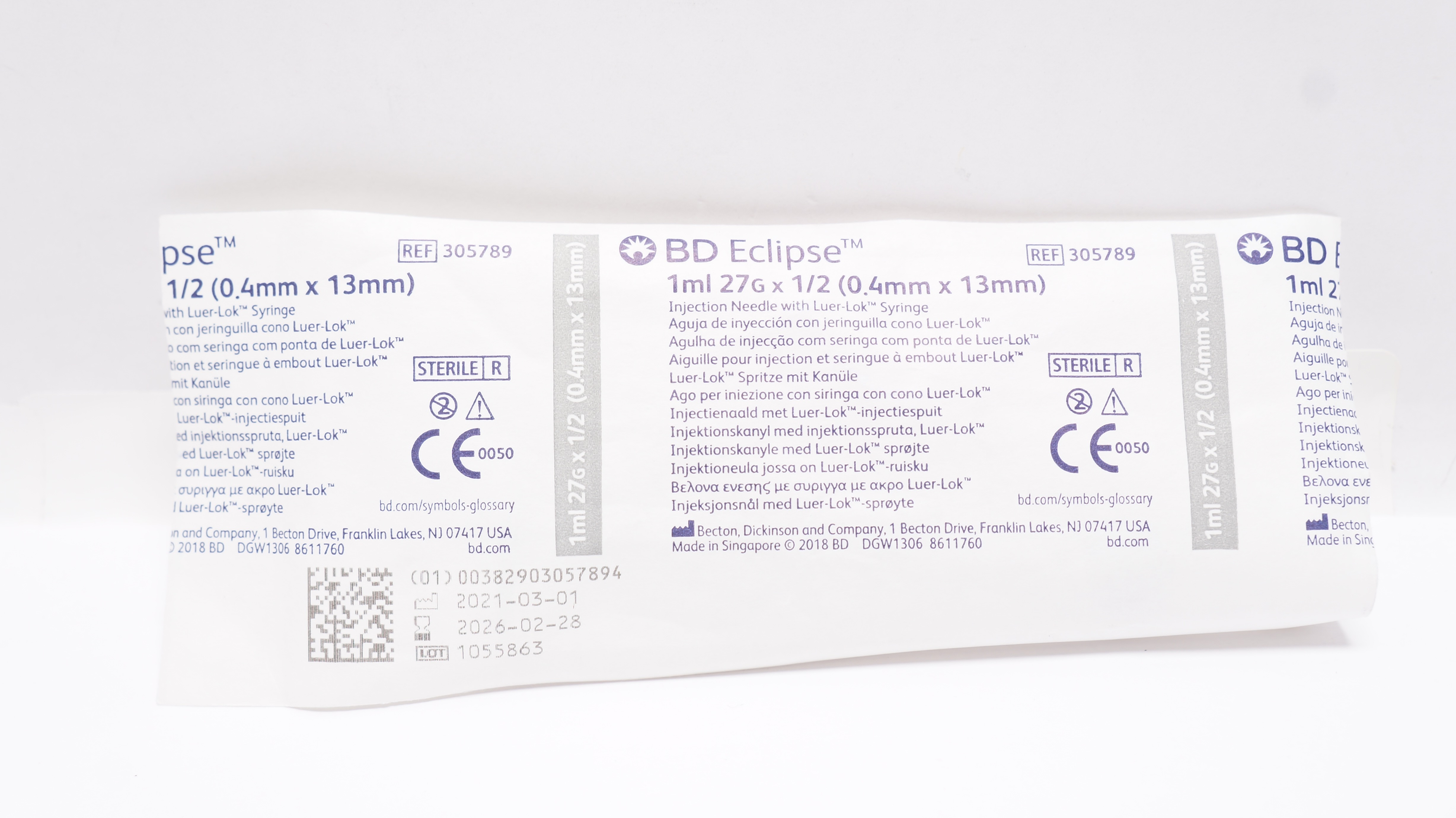 BD 305789 Eclipse Injection Ndle with Luer-Lok Syringe 1ml 27G x 1/2inch