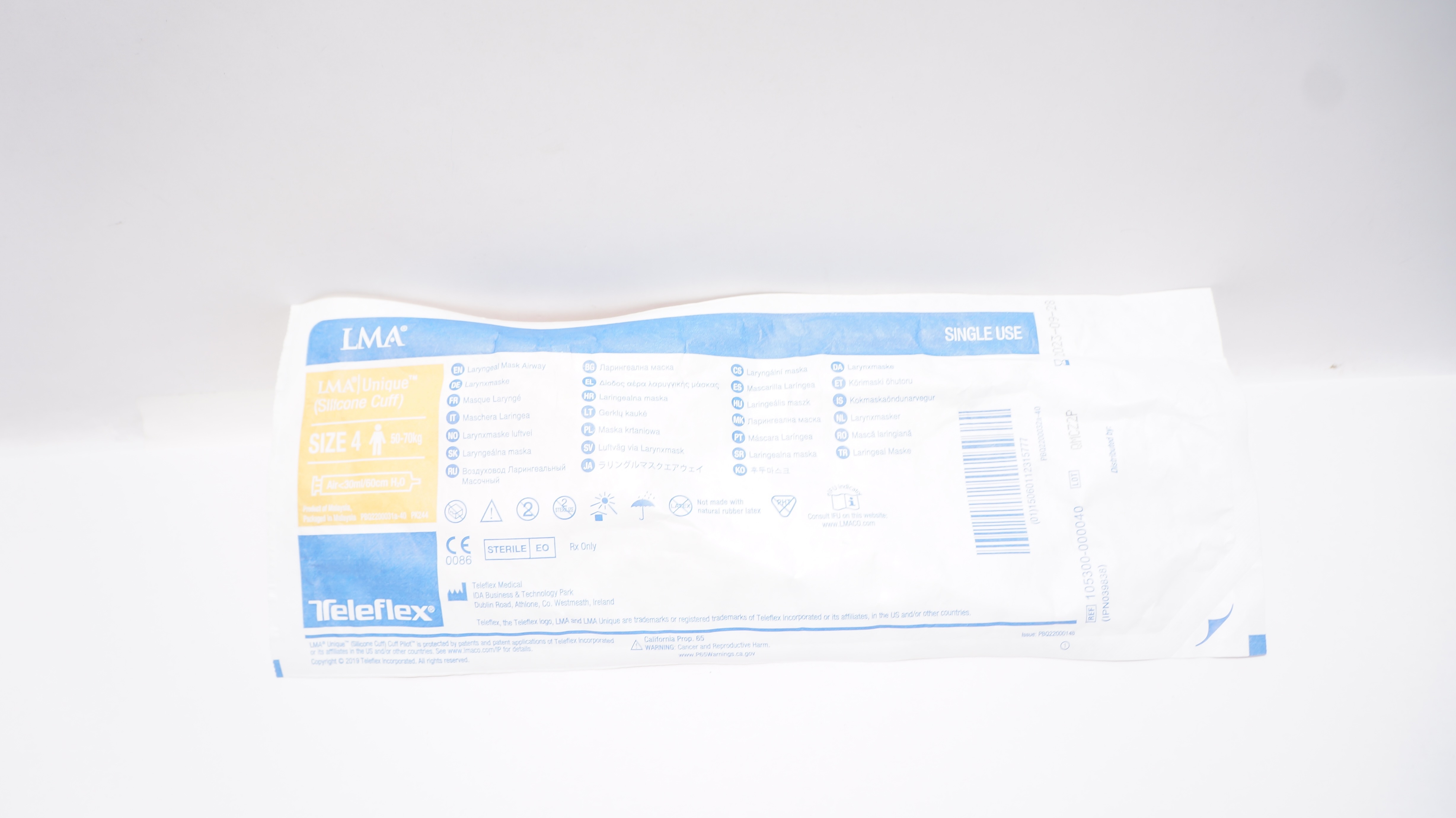 Teleflex 105300-000040 Laryngeal Mask Airway, Size 4 50-70kg <30ml/60cm H2O (x)