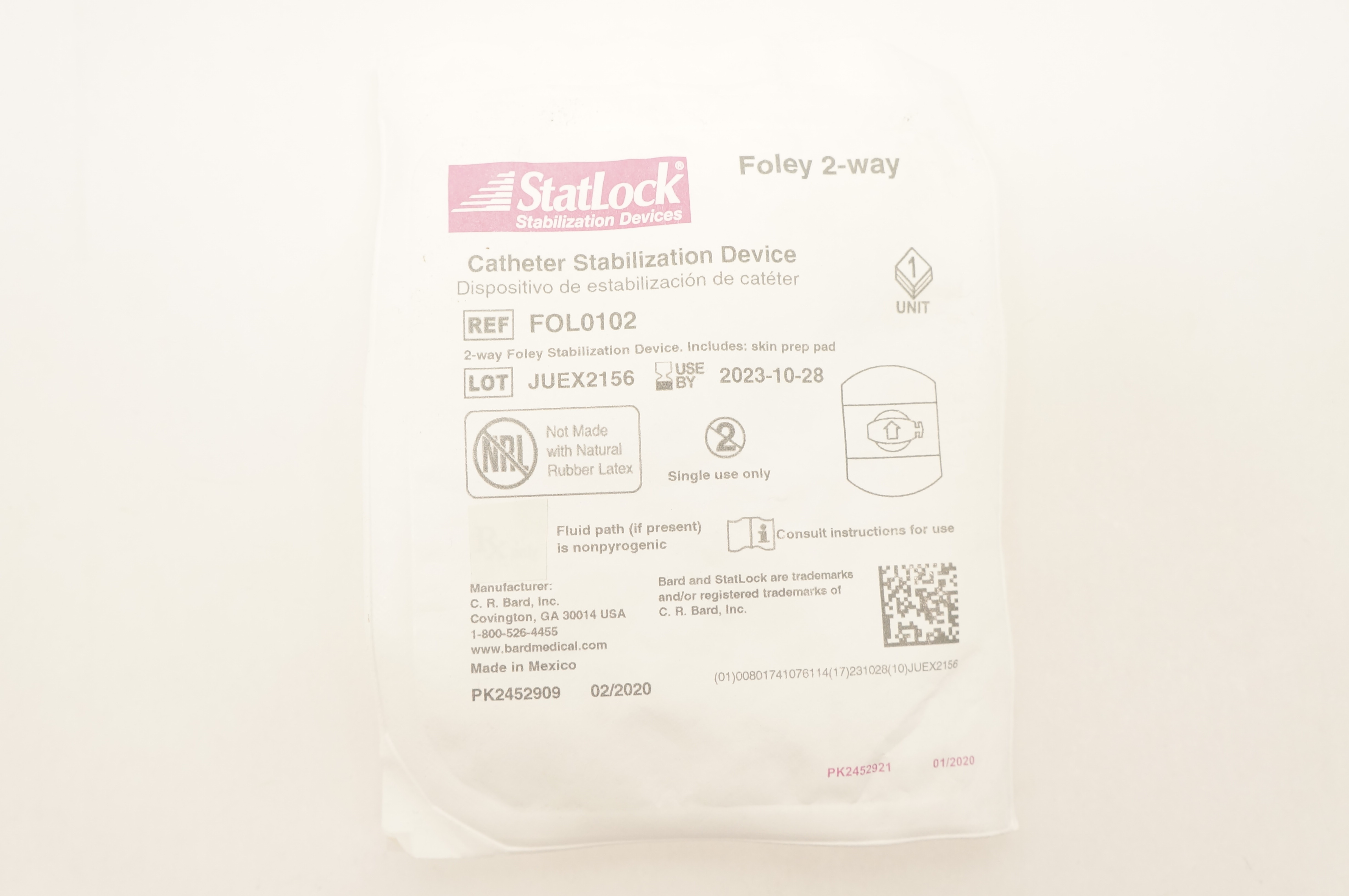 Bard FOL0102 Statlock Cath. Stabilization Device Foley 2-Way