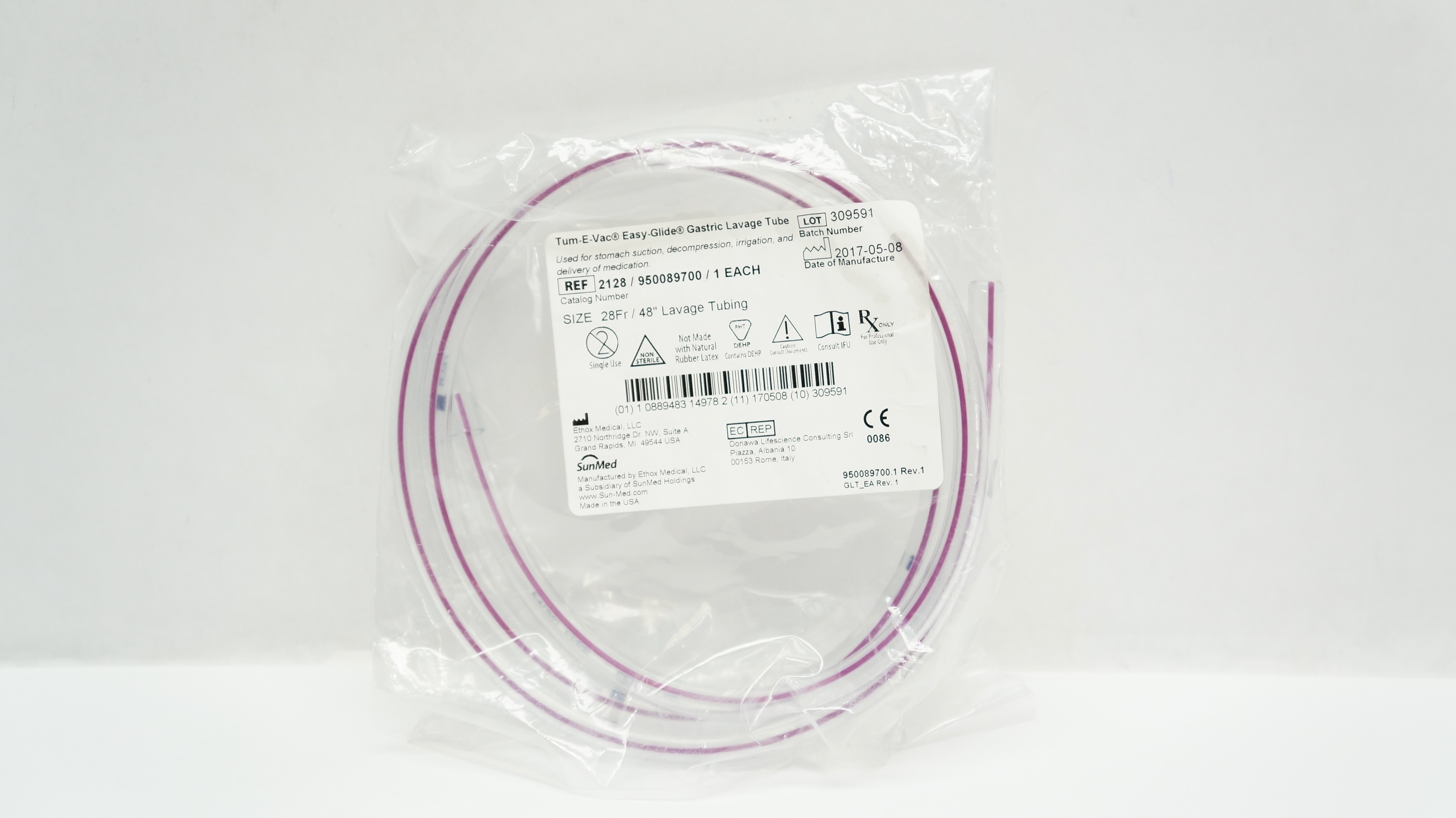 SunMed 2128/950089700 Ethox E-Vac Easy-Glide Gastric Lavage Tube 28Fr x 48inch