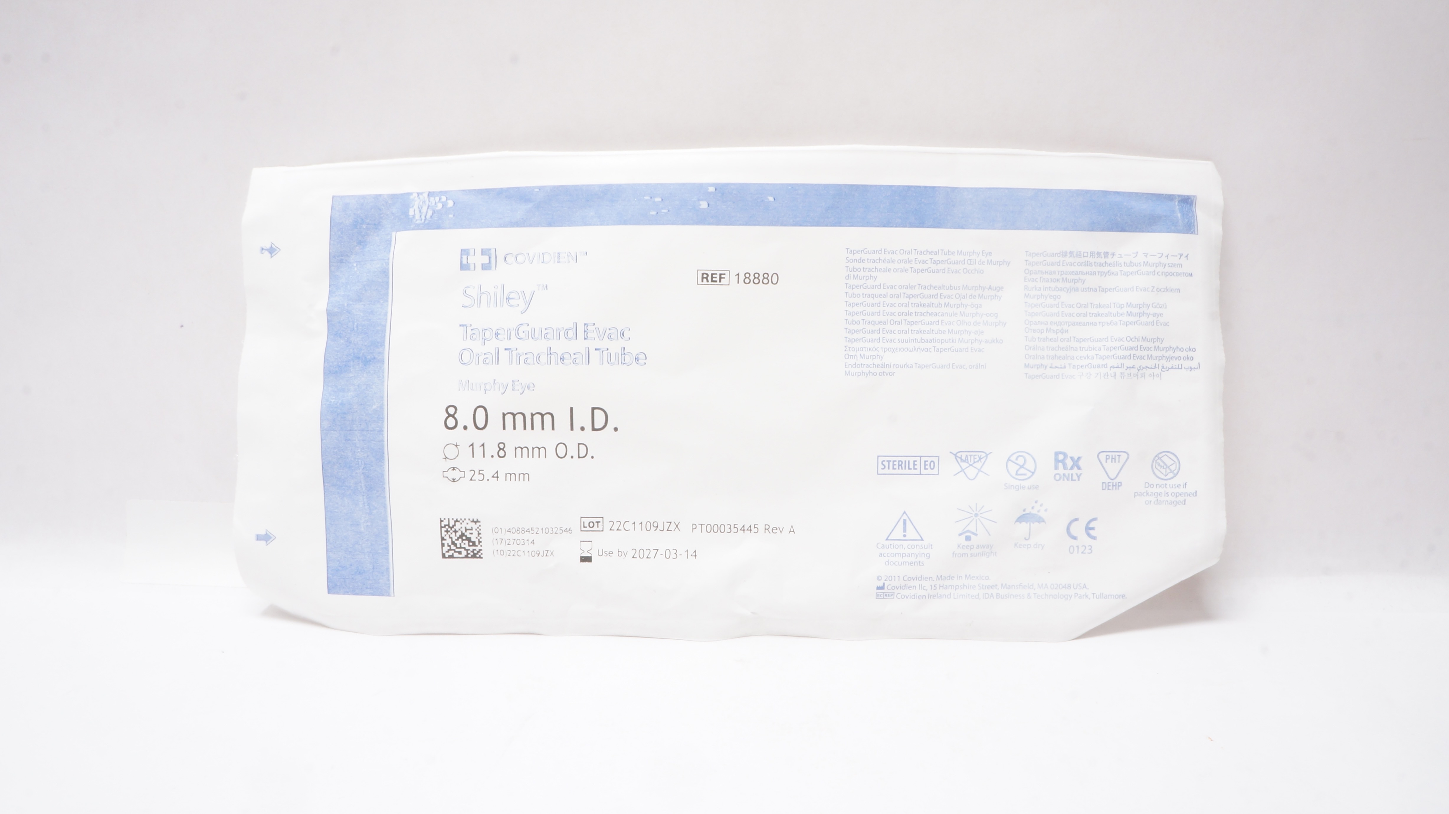 Covidien 18880 Shiley TaperGuard Evac Oral Tracheal Tube 8.0ID x 11.8OD x 25.4mm