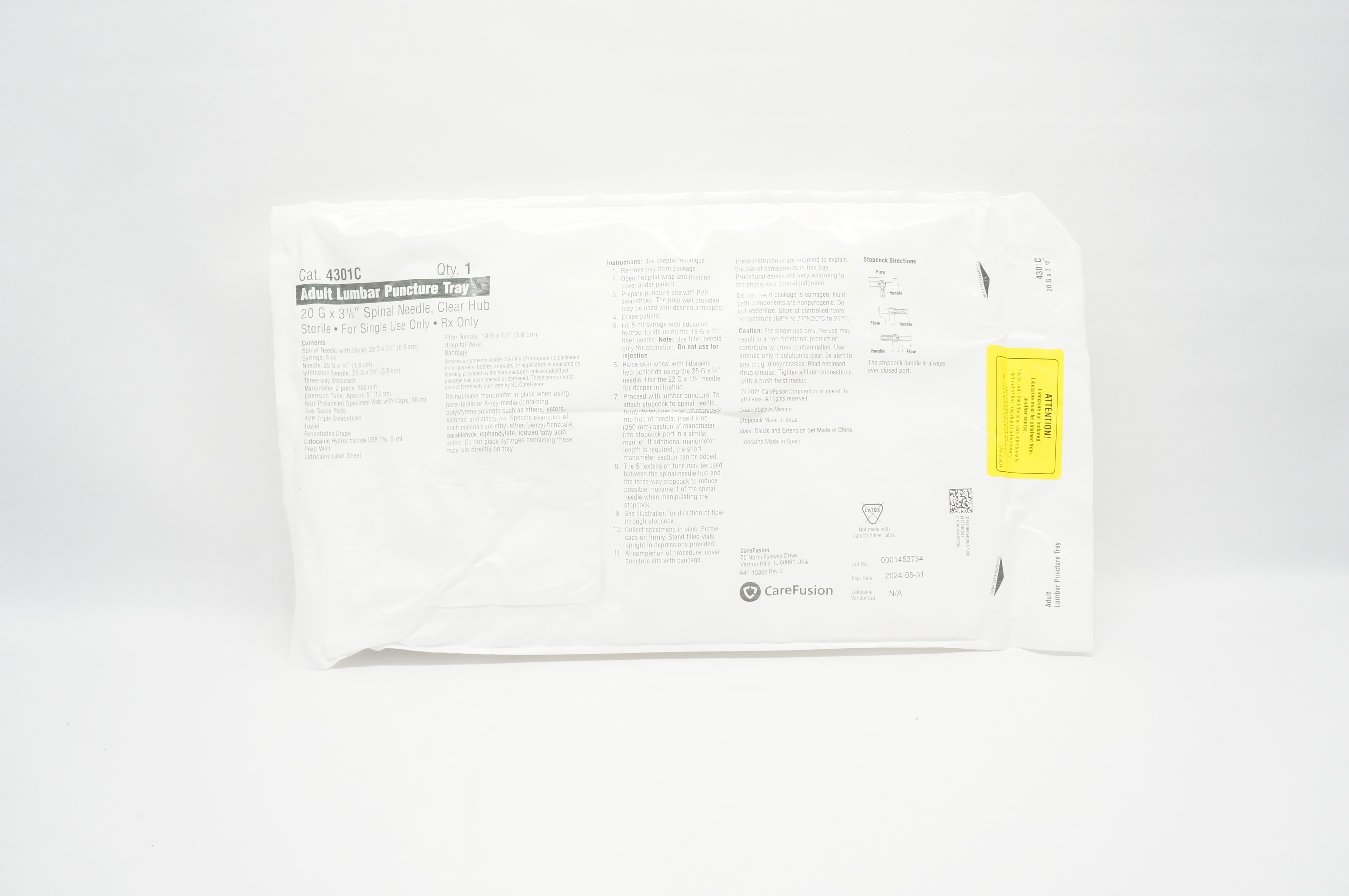 CareFusion 4301C Adult Lumbar Puncture Tray, 20 G x 3-1/2 Spinal Ndle.