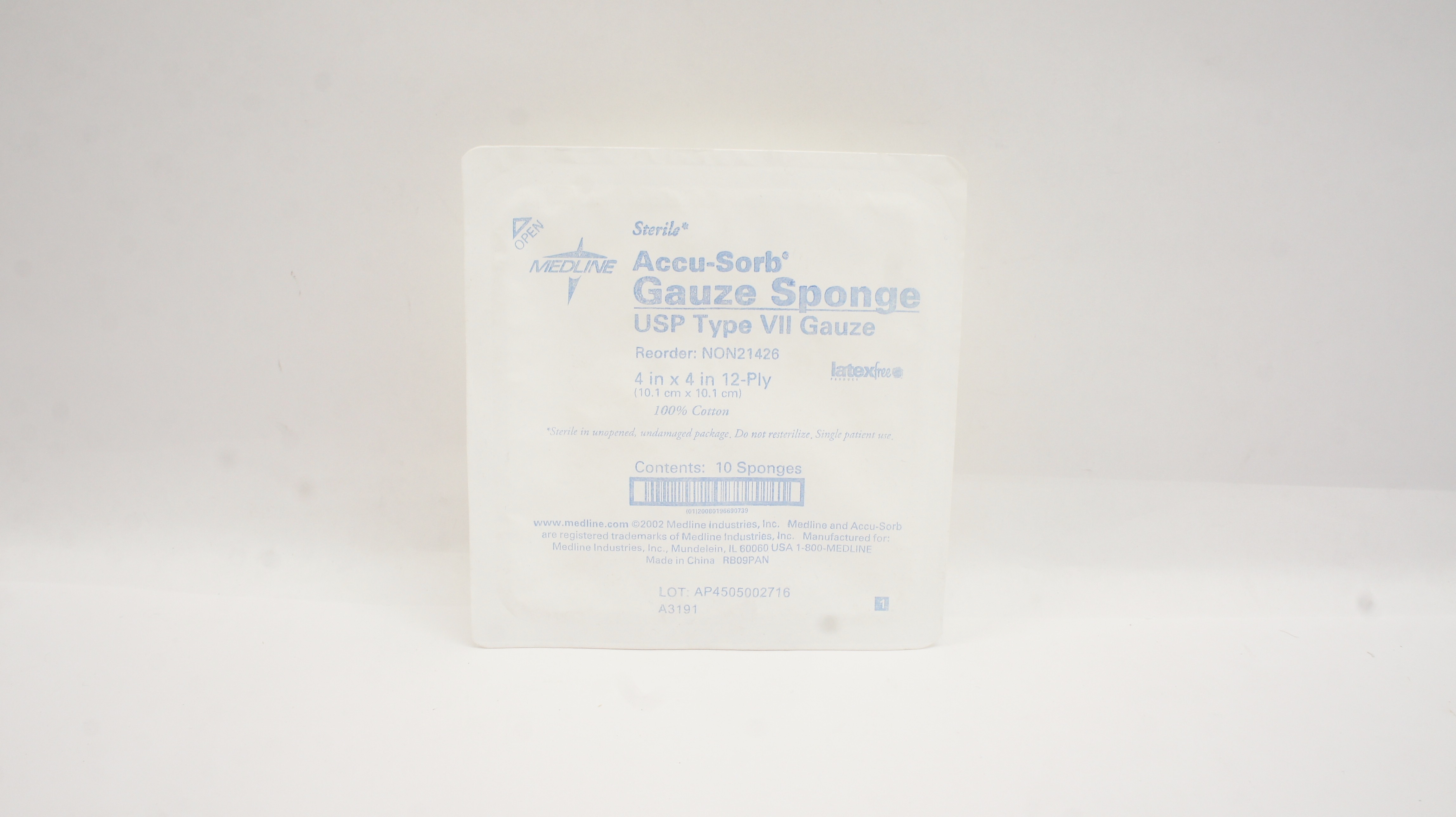 Medline NON21426 Accu-Sorb Gauze Sponges 12-Ply, 4 x 4 inch - Pack of 10