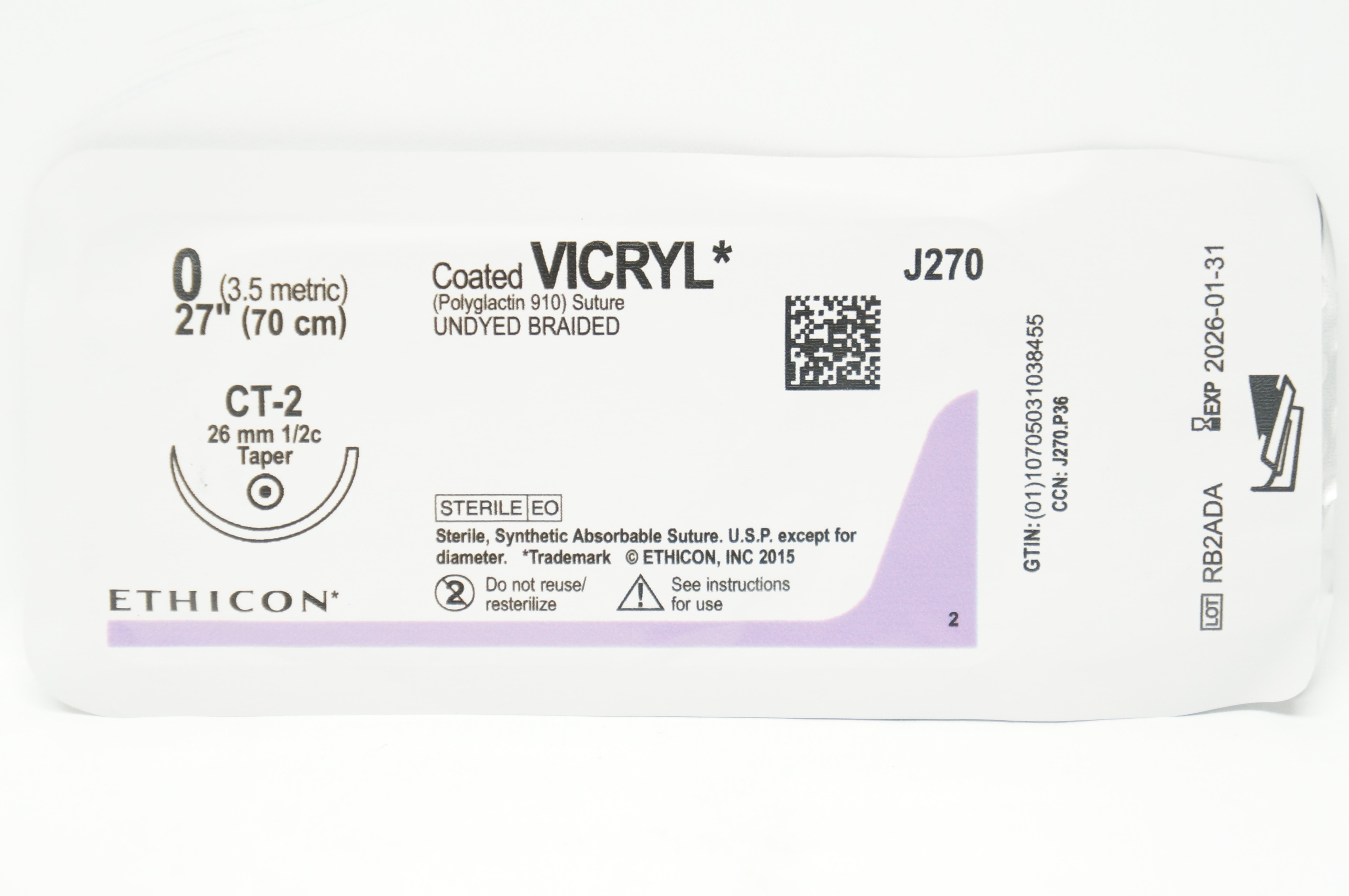 Ethicon J270 0 VICRYL CT-2 26mm 1/2c Taper, 27inch
