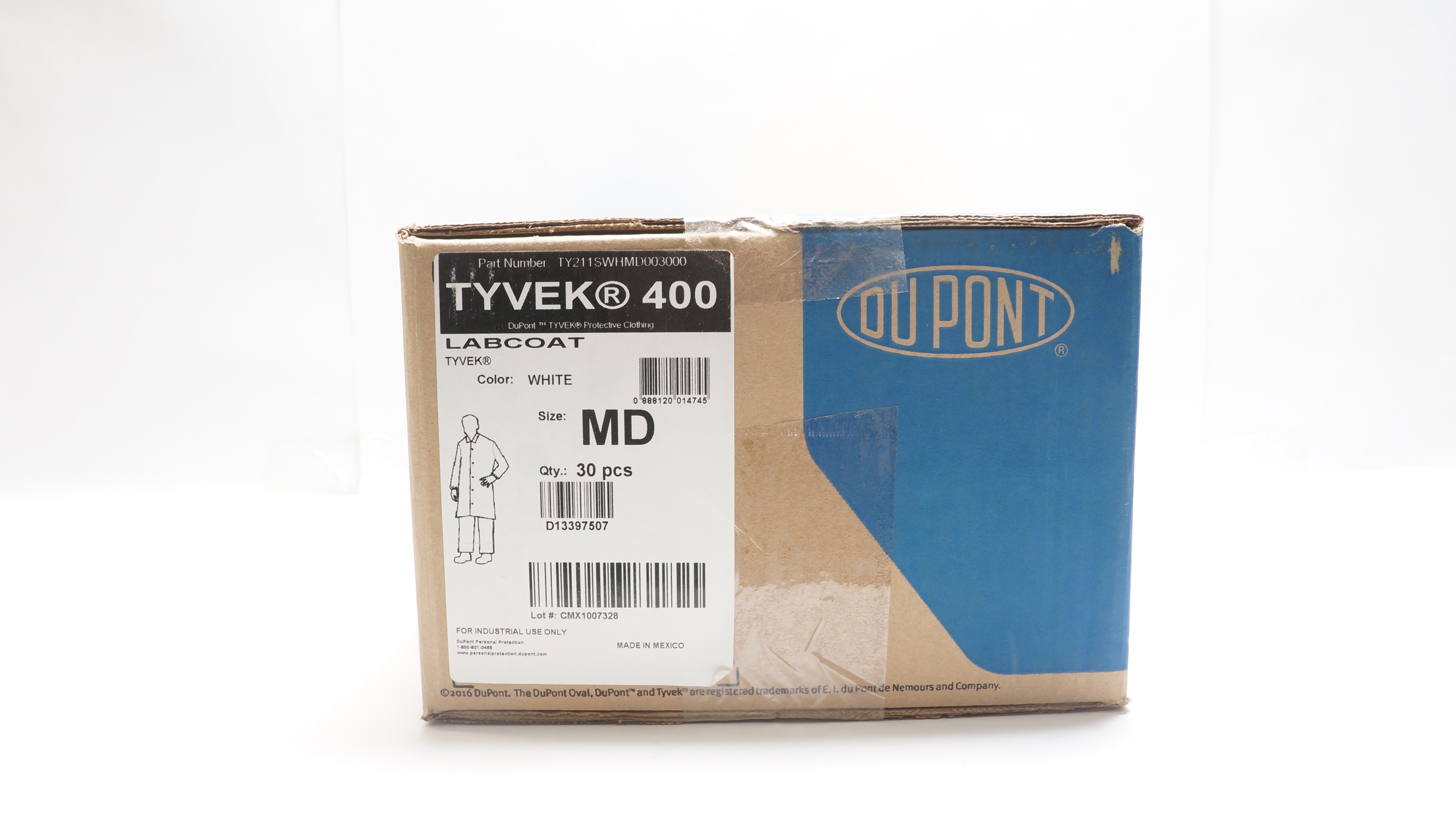 Dupont,Tyvek D13397507 Disposable Chemical Resistant Lab Coats,White M- Box of30