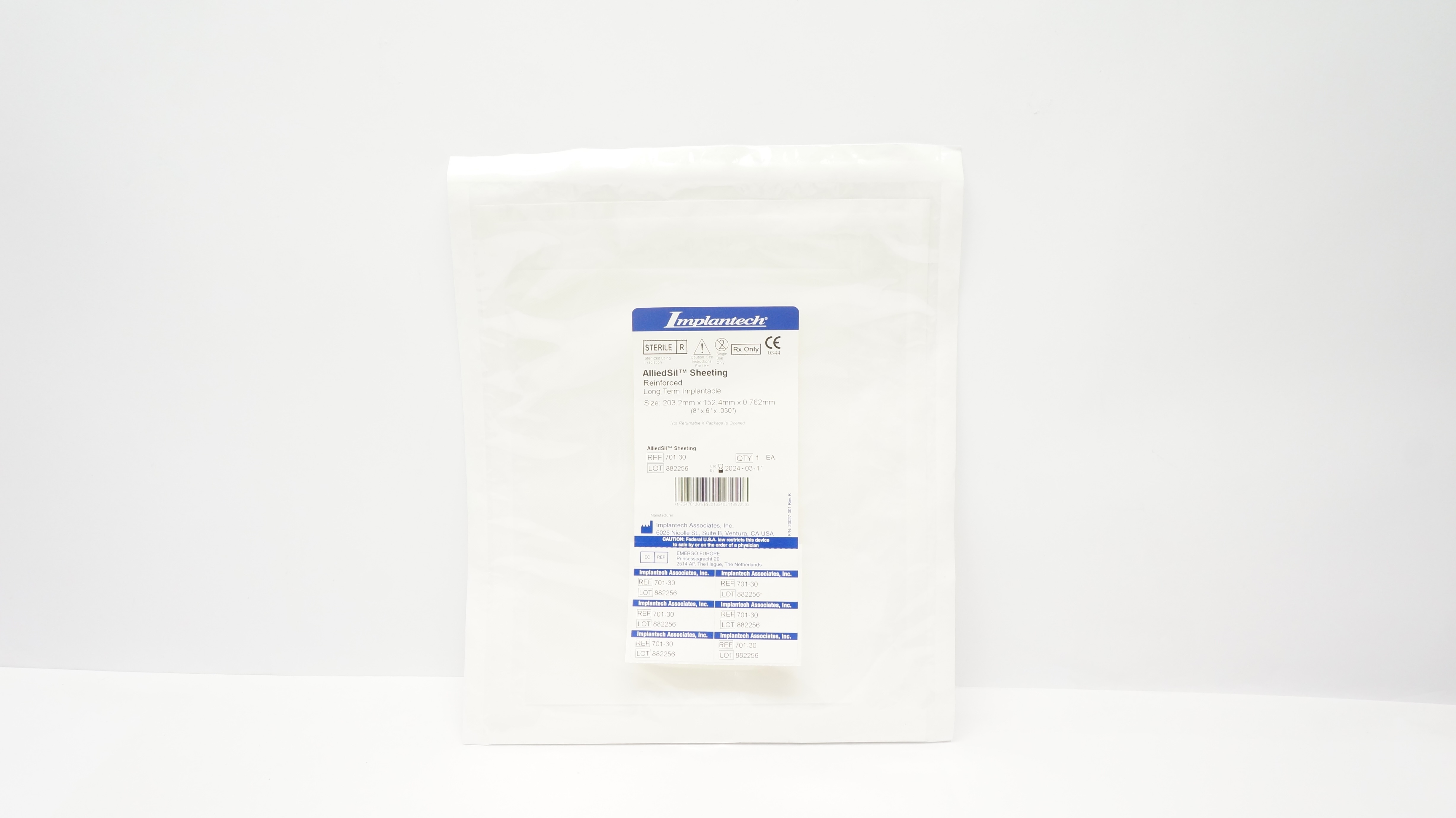 Implantech 701-30 AlliedSil Sheeting Reinforced, Size 203, 8 x 6 x .030inch (x)