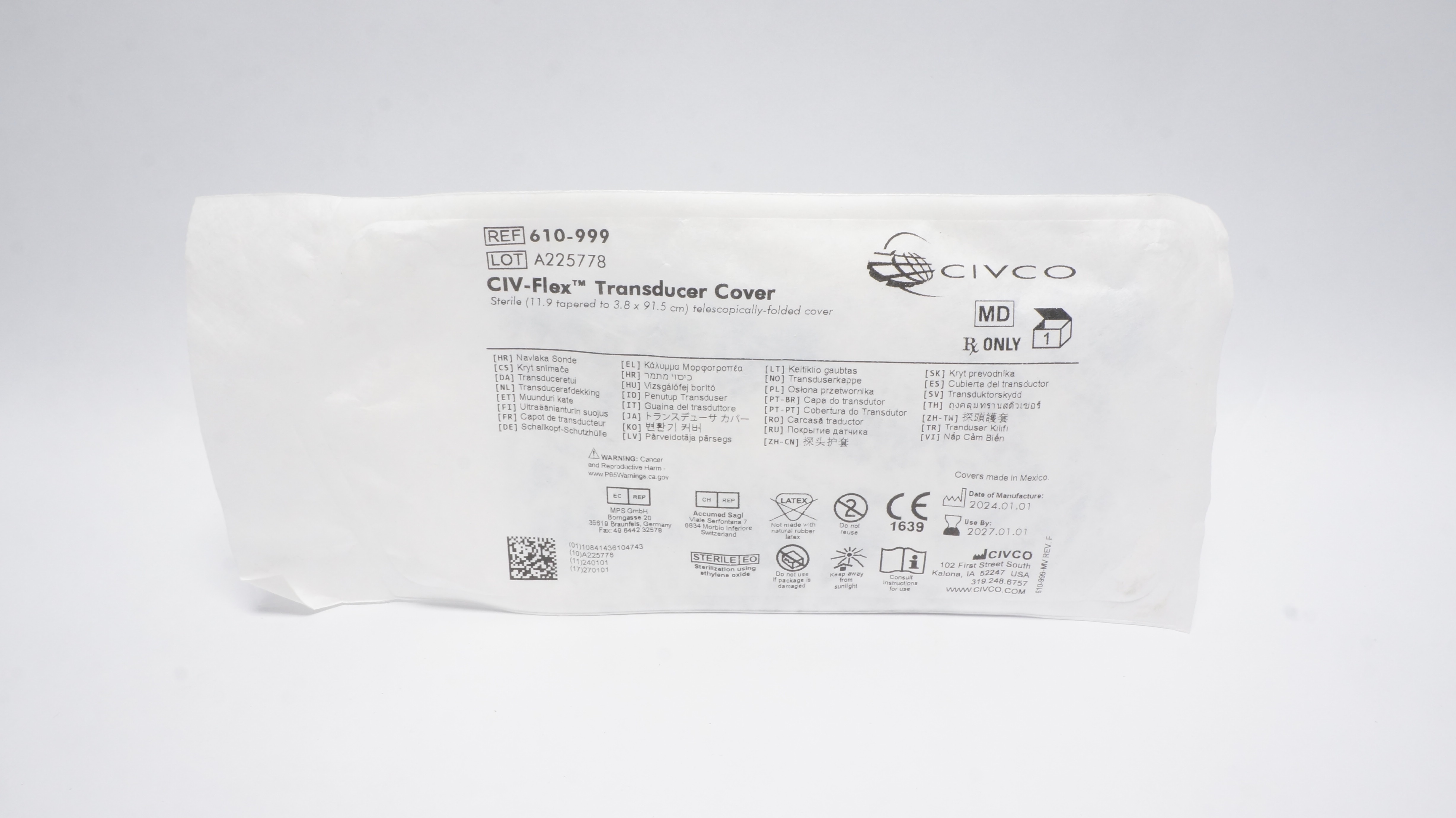 Civco 610-999 CIV-Flex Transducer Sterile Cover 11.9 tapered to 3.8 x 91.cm