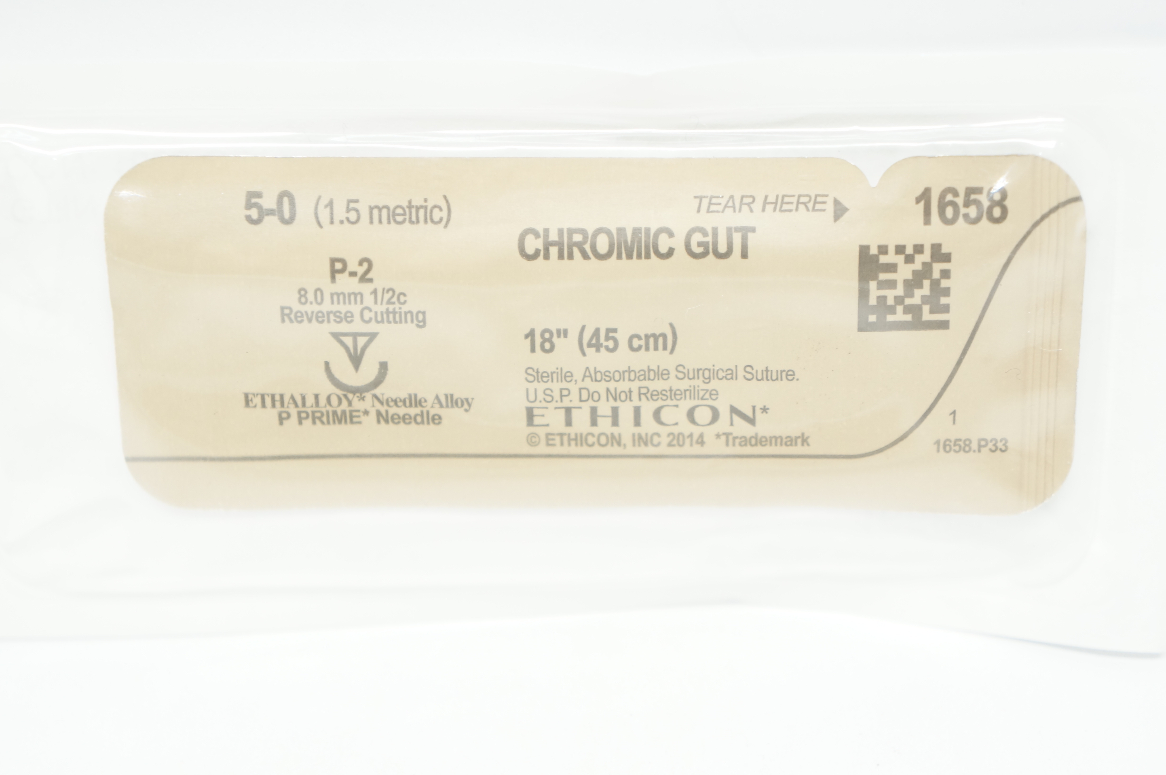 Ethicon 1658 5-0 CHROMIC GUT Surgical Stre  P-2 8.0mm 1/2c ReverseCutting 18inch
