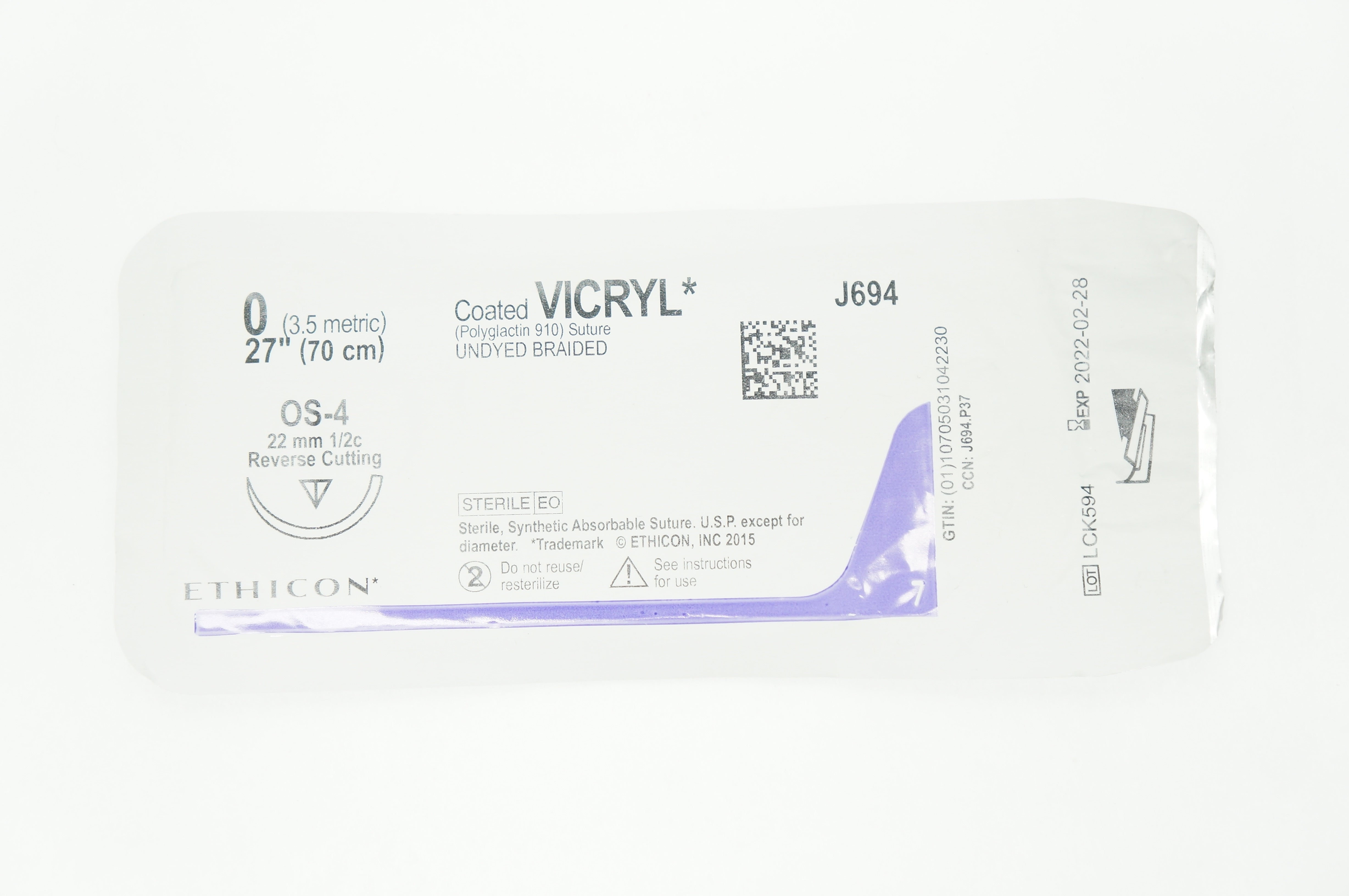 Ethicon J694 0 VICRYL OS-4 22mm 1/2c Reverse Cutting 27inch