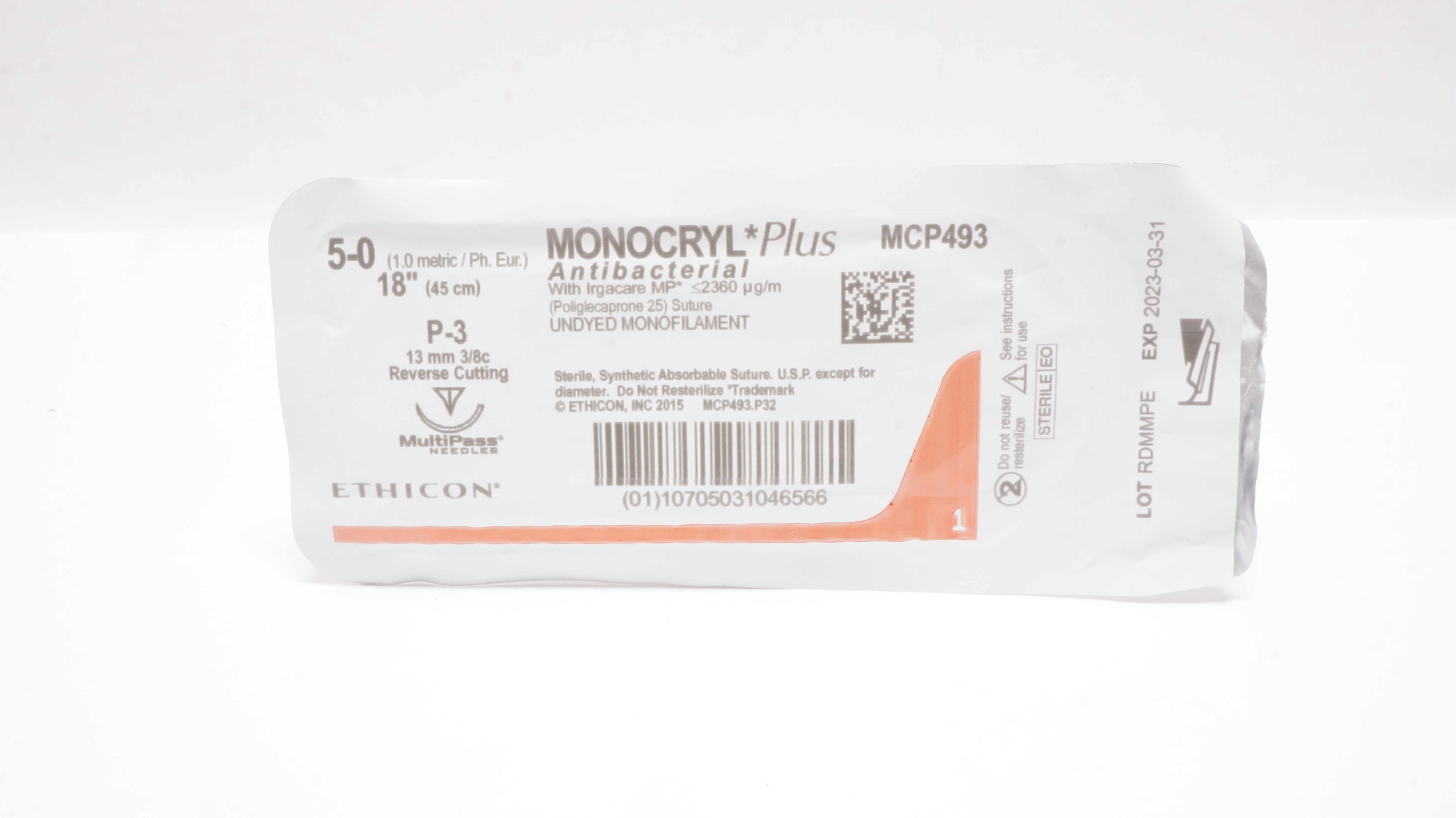 Ethicon MCP493 5-0 MONOCRYL Plus Stre P-3 13mm 3/8c Reverse Cutting 18inch (x)
