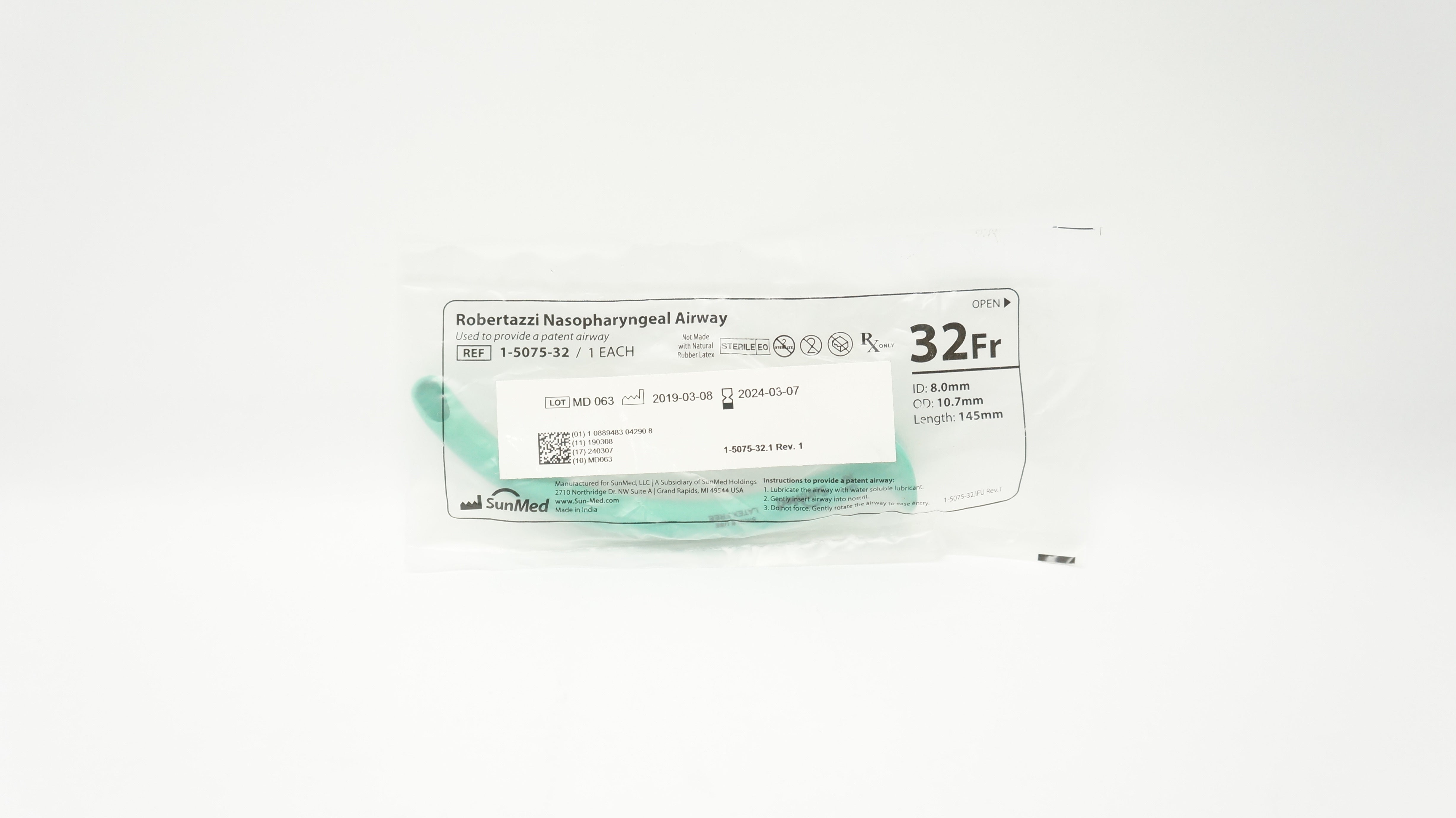 SunMed 1-5075-32 Robertazzi Nasopharyngeal Airway 32Fr x 8.0mm ID x 10.7mm OD