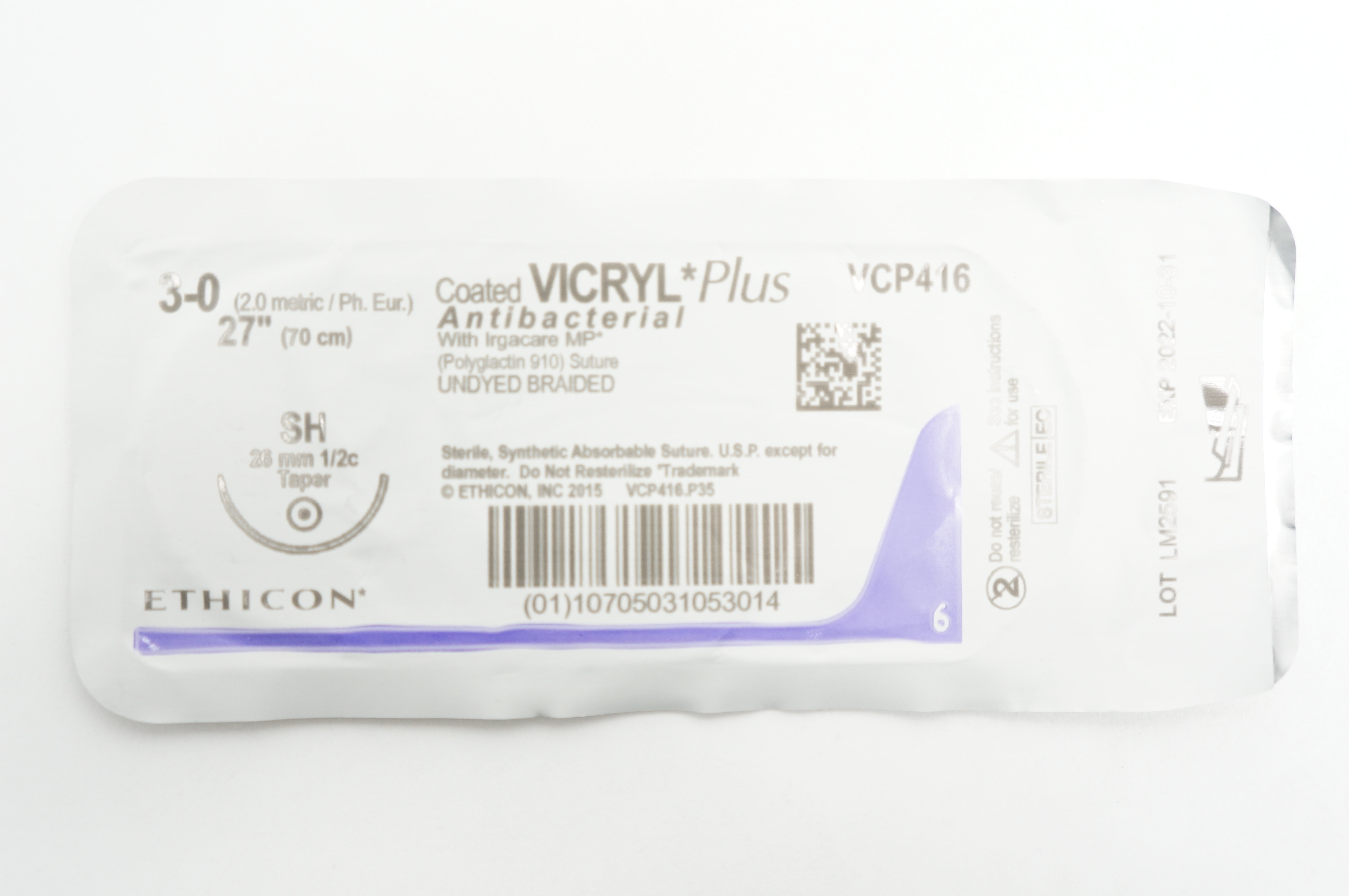 Ethicon VCP416 3-0 Vicryl Plus Antibacterial Stre. SH 26mm 1/2c Taper, 27 inch