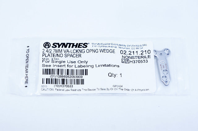 Synthes 02.211.210 2.4/2.7MM VA-LCKNG OPNG WEDGE PLATE/ NO SPACER