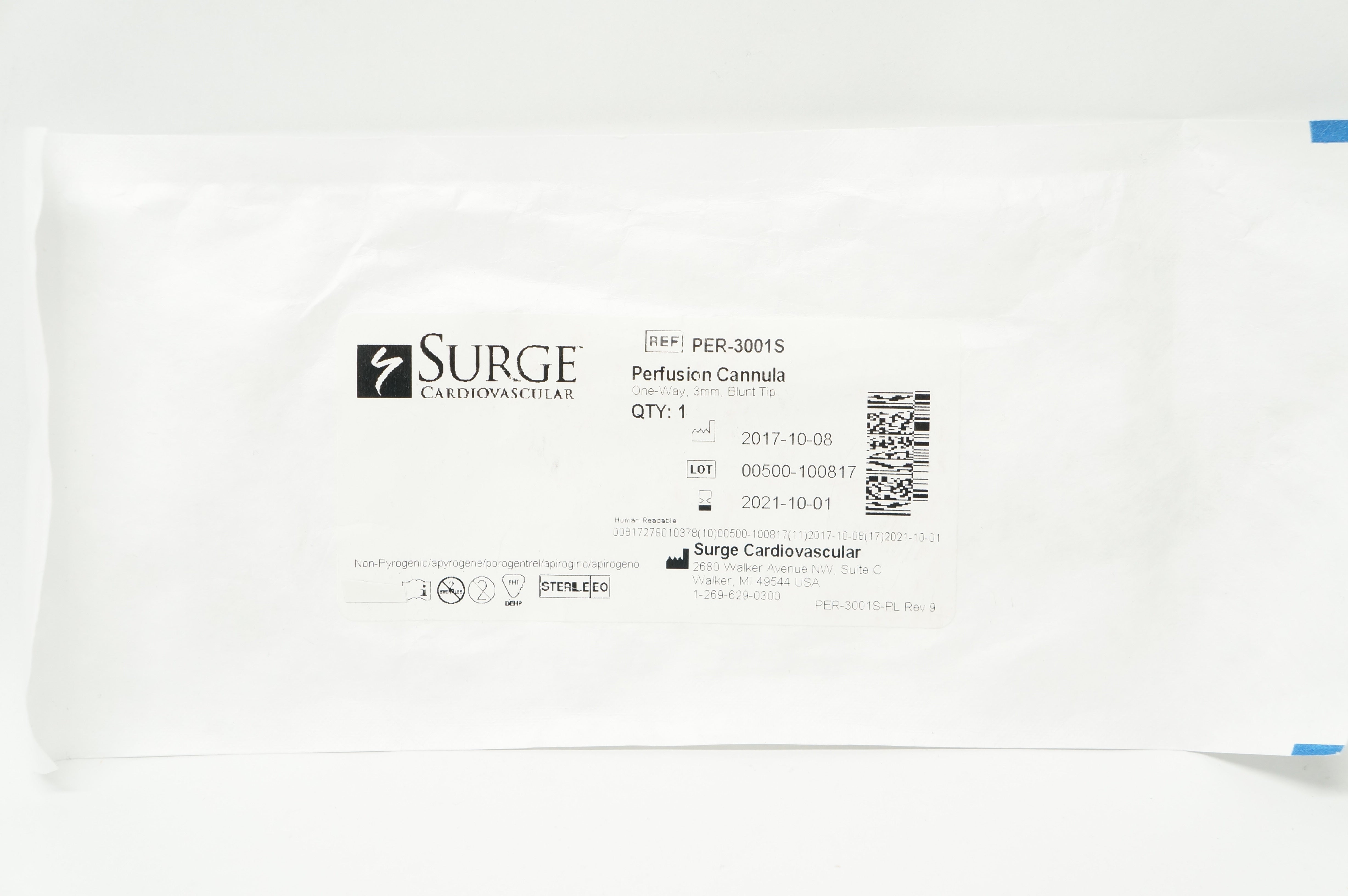 Surge Cardiovascular PER-3001S Perfusion Cannula, One-Way, Blunt Tip, 3mm (x)