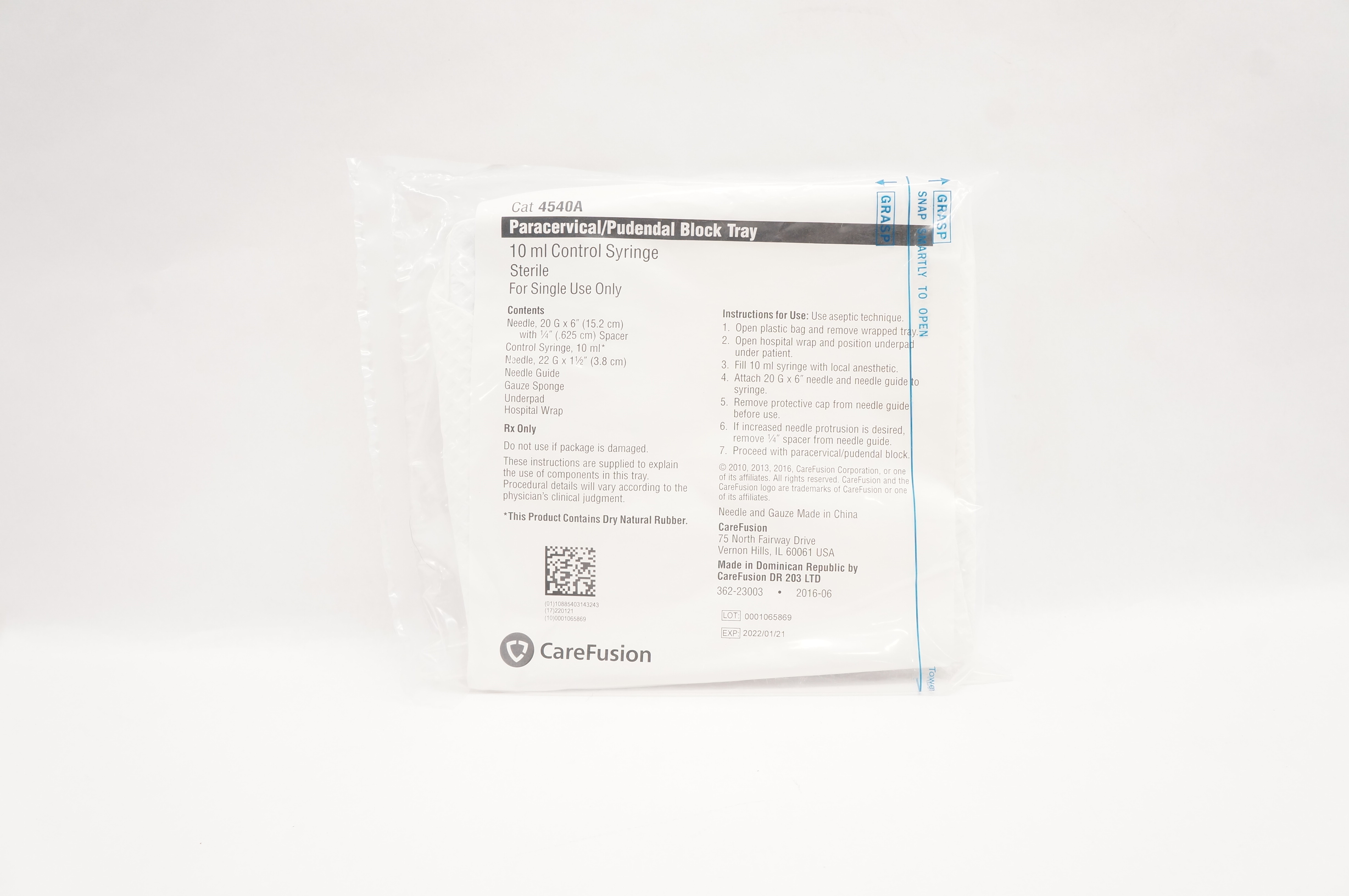 CareFusion 4540A Paracervical/Pudendal Block Tray 10ml Control Syringe (x)
