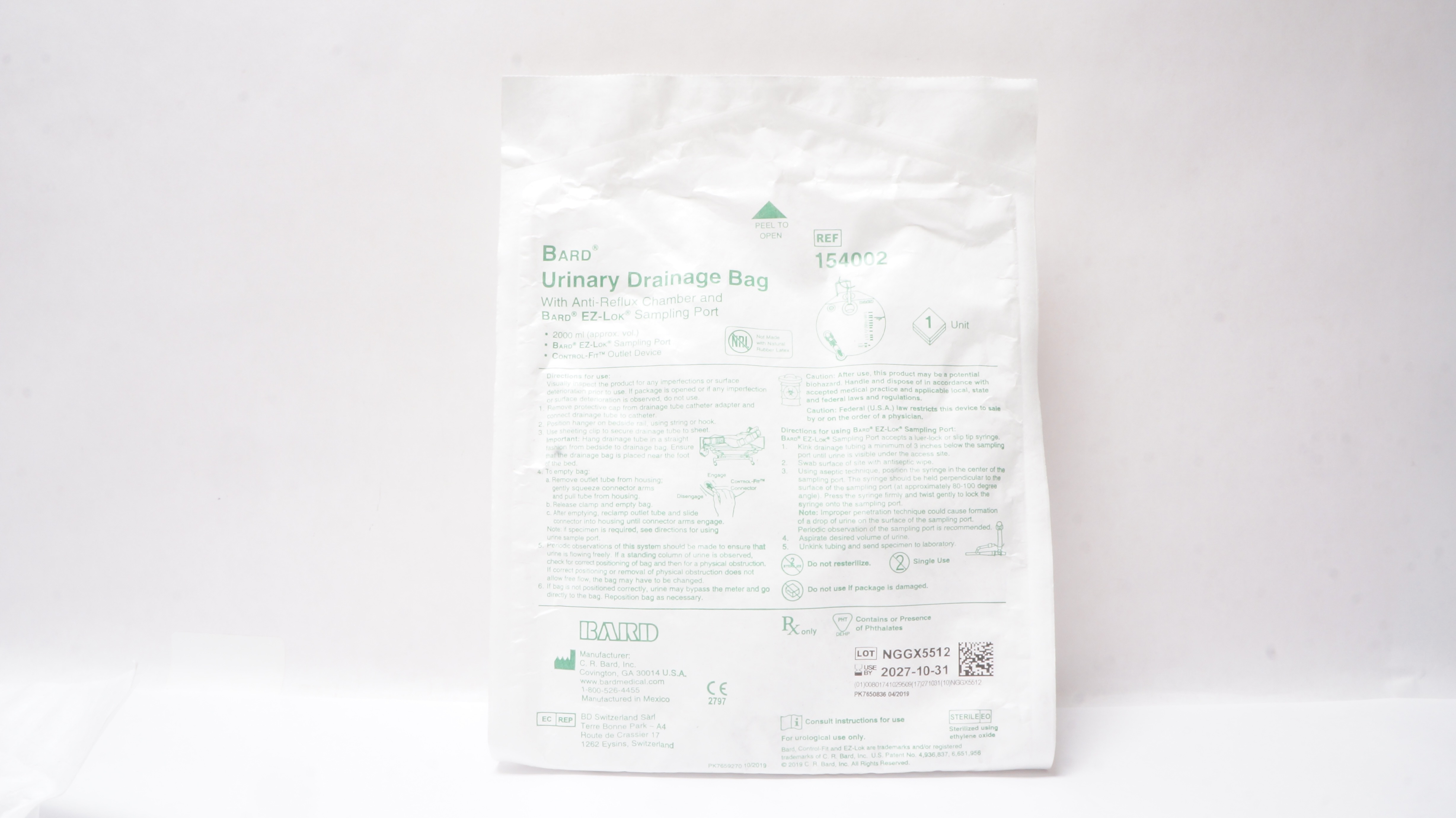 Bard 154002 Urinary Drainage Bag w/Anti-Reflux Chamber & Sampling Port 2000mL