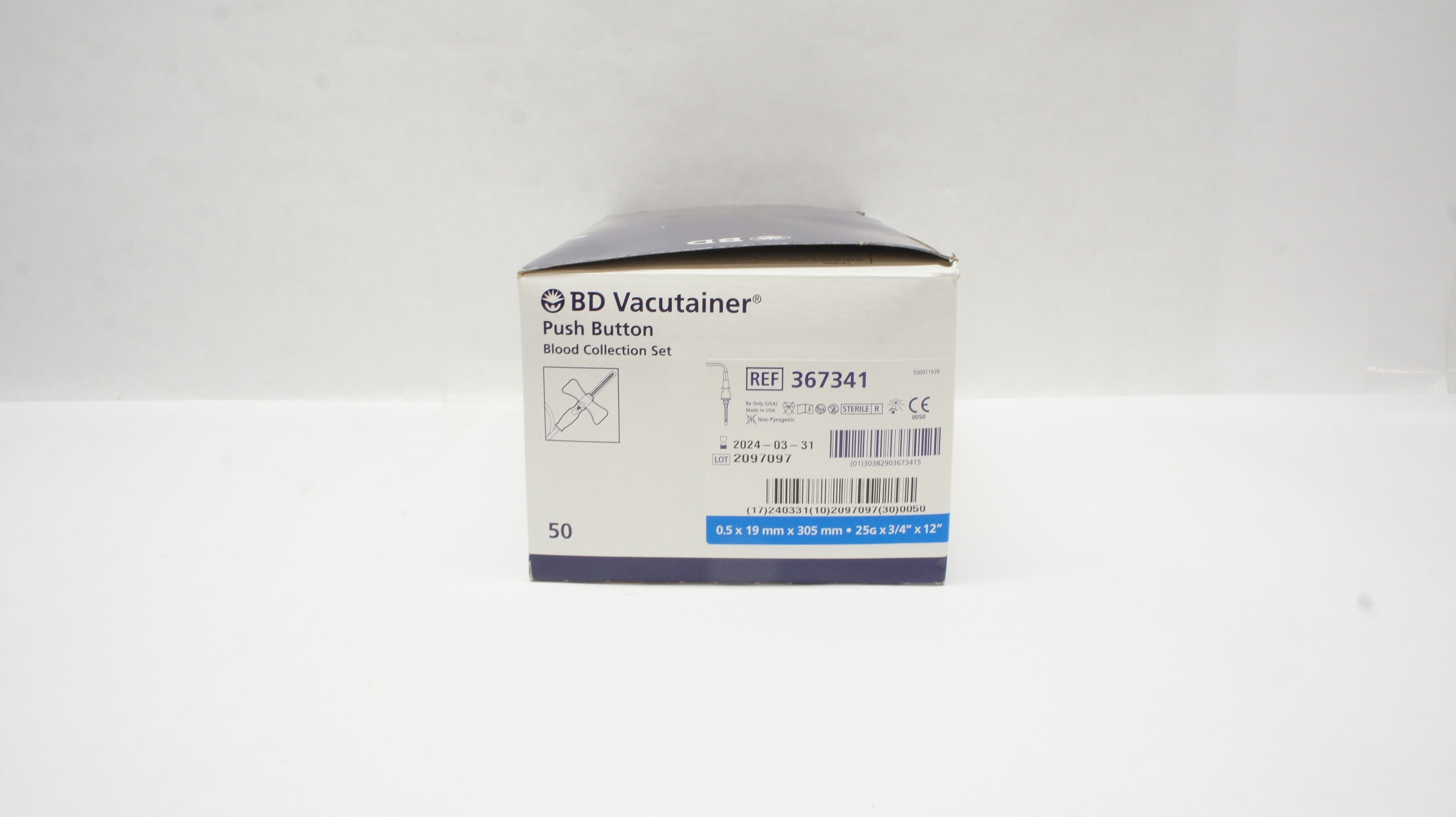 BD 367341 Vacutainer Push Button Blood Collection Set 25Gx3/4x12inch - Box of 38