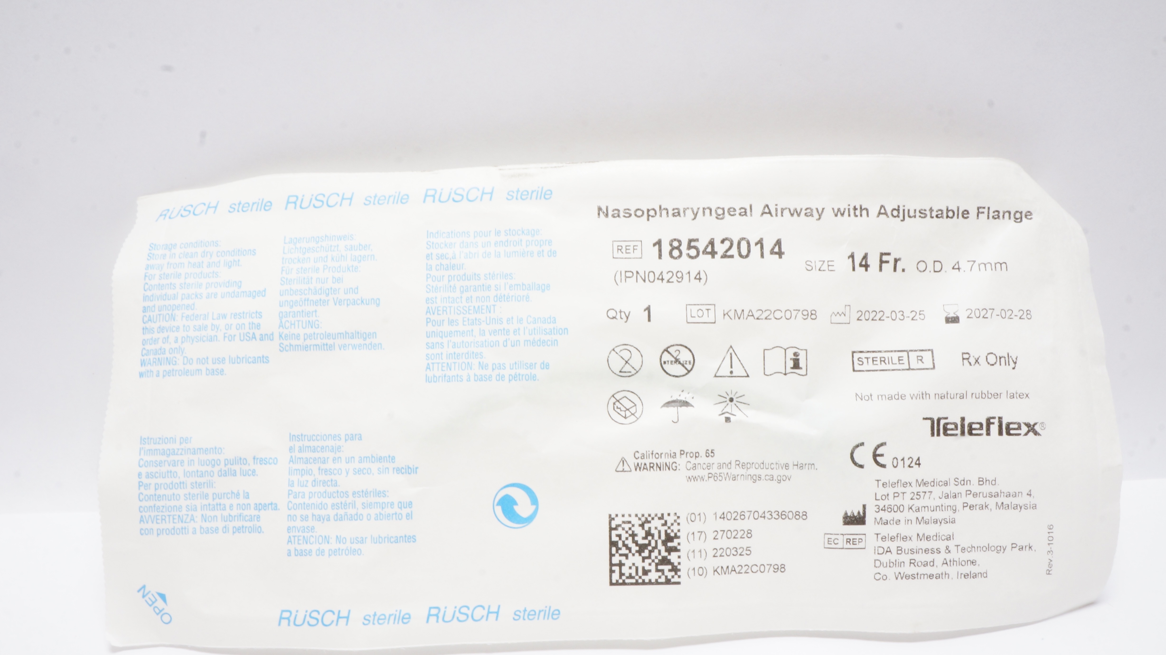 Teleflex 18542014 Rusch Nasopharyngeal Airway w/Adjustable Flange 14Fr x 4.7mmOD