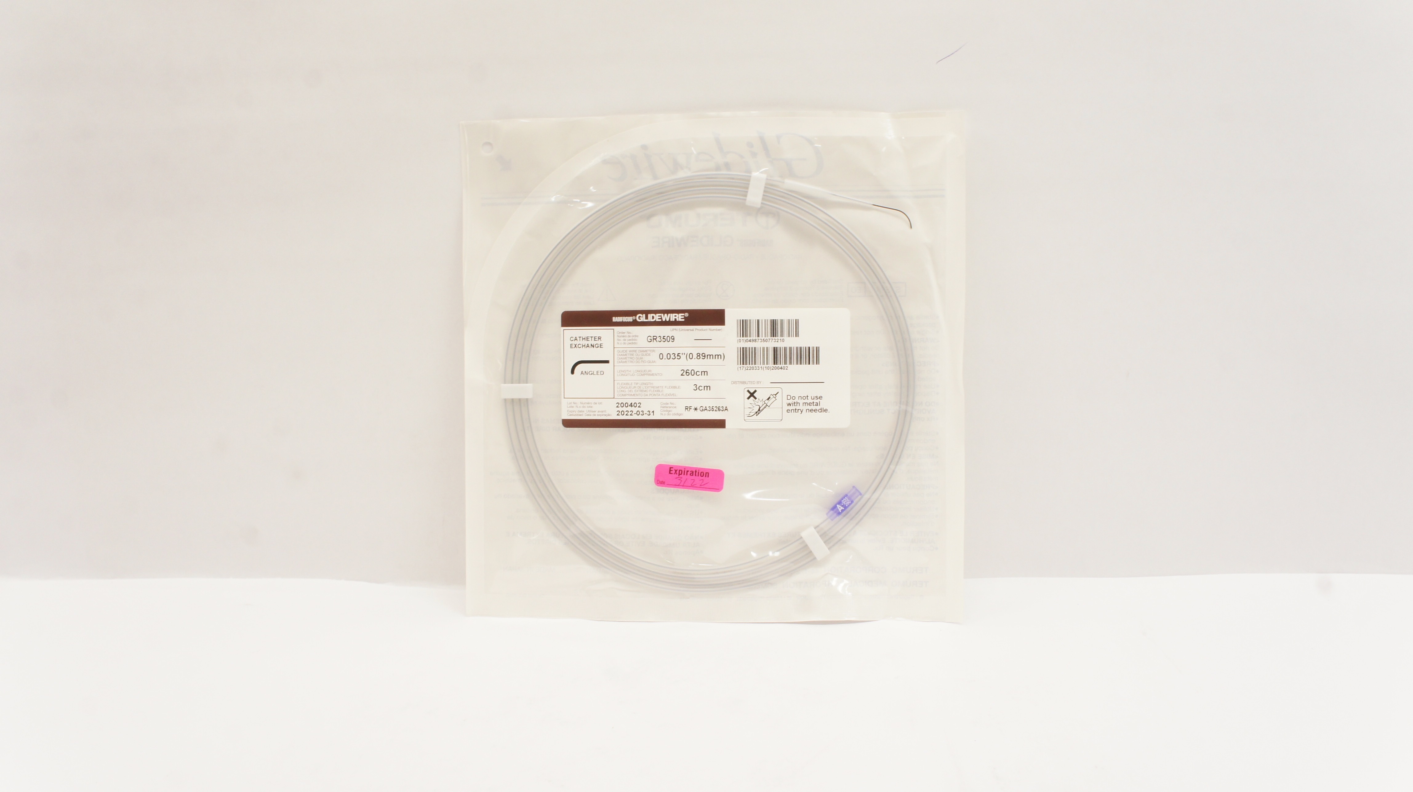 Terumo RF*GA35263A Radifocus GlideWire Cath. Exchange 0.035inch x 260cm x 3cm(x)