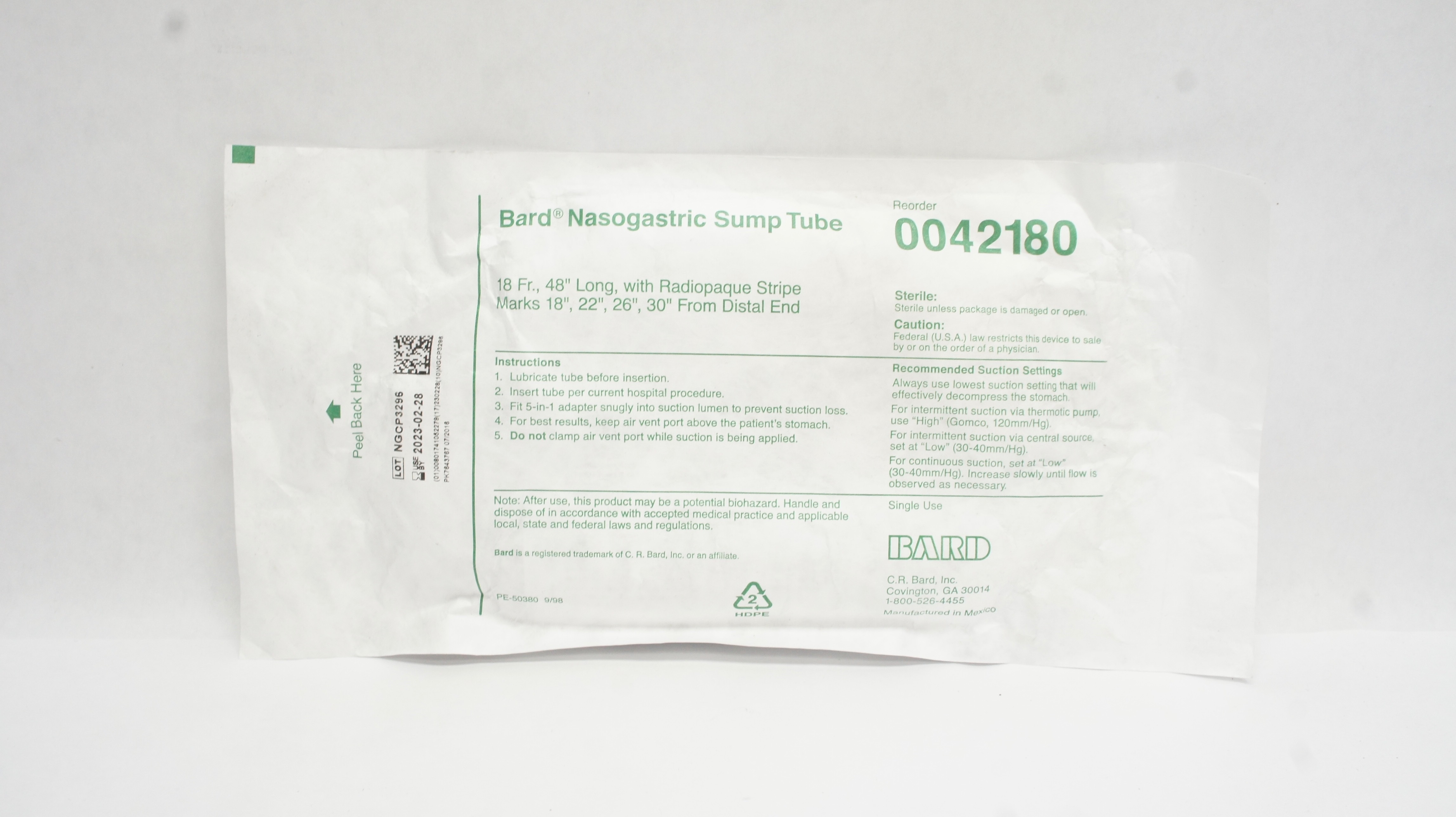 Bard 0042180 Nasogastric Sump Tube w/Radiopaque Stripe Marks 18 Fr x 48inch (x)
