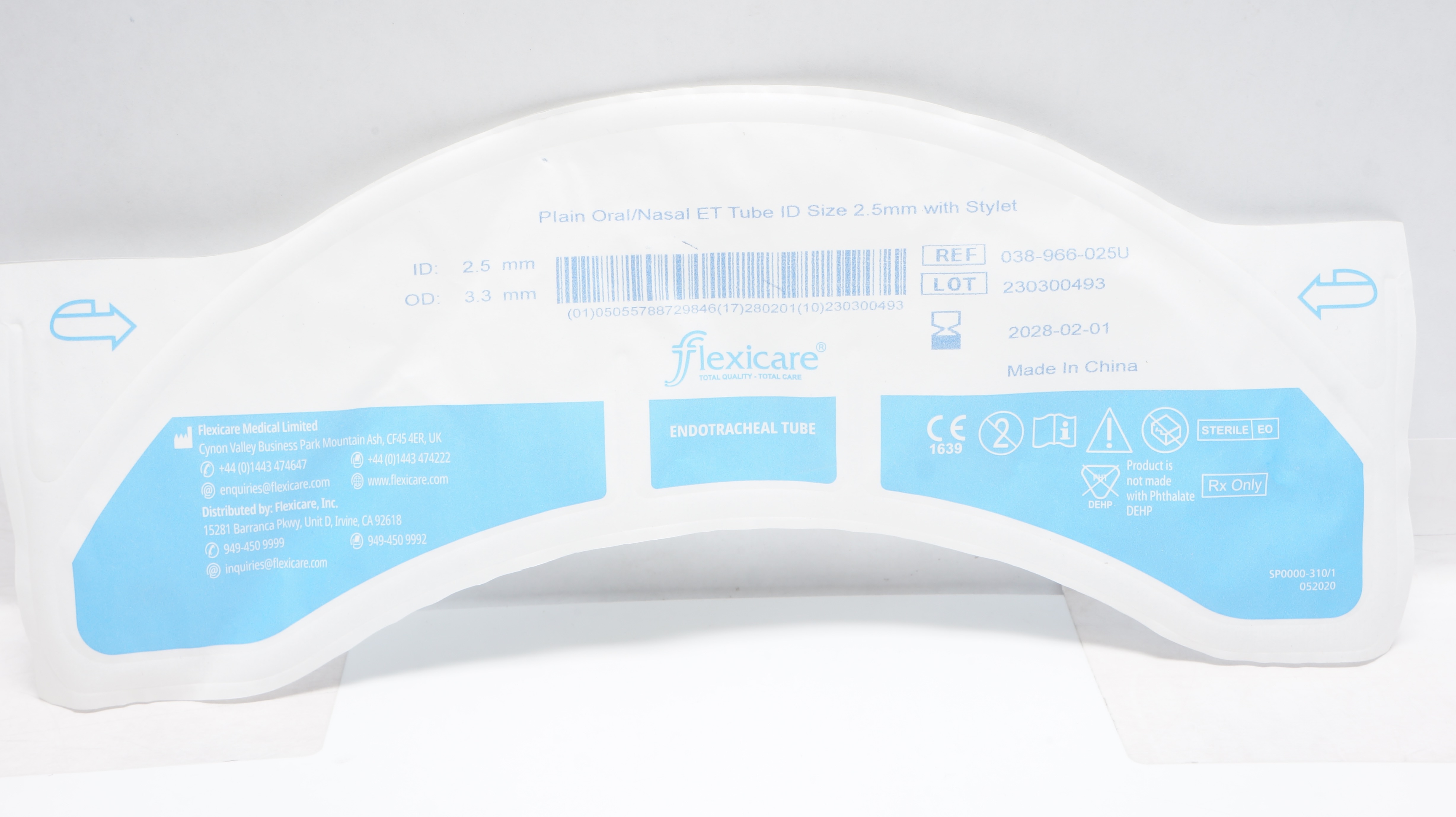 Flexicare 038-966-025U Plain Oral/Nasal ET Tube ID Size 2.5 x 3 .3mm W/Stylet