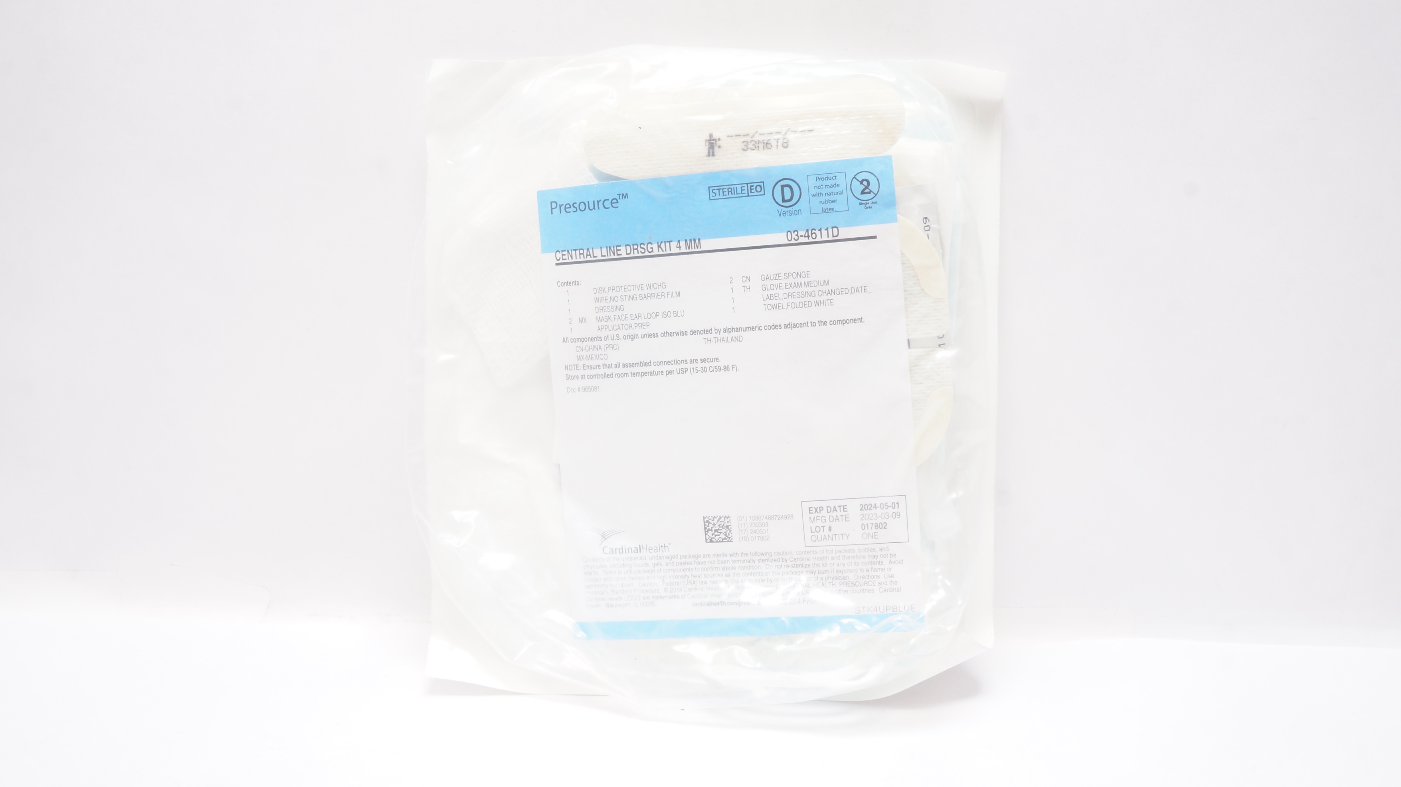 Cardinal Health 03-4611D Presource Central Line DRSG 4mm Kit