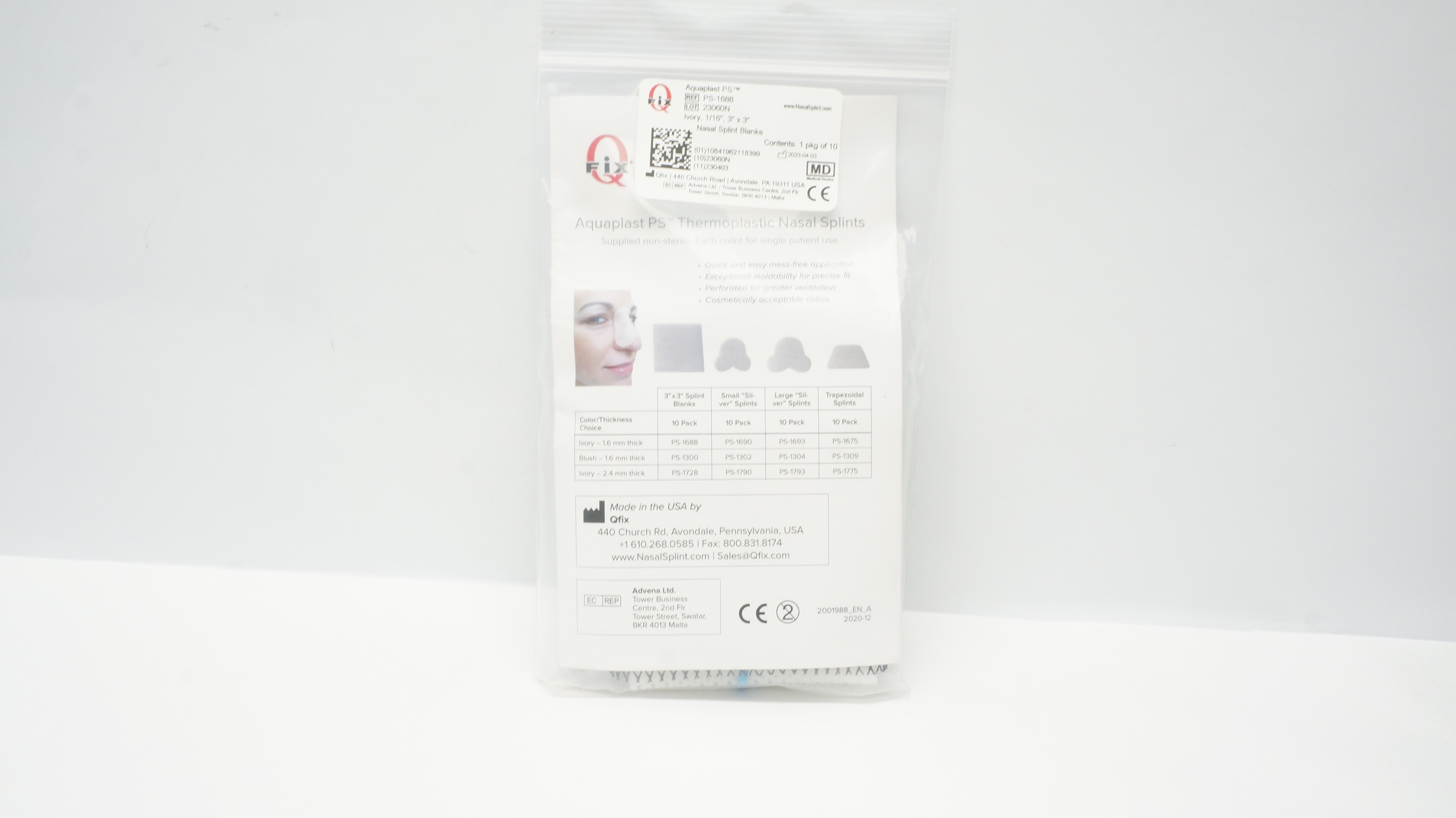 Qfix PS-1688 Aquaplast PS Nasal Splint Blanks, Ivory 1/16in, 3x3in(x)-Pack of 10