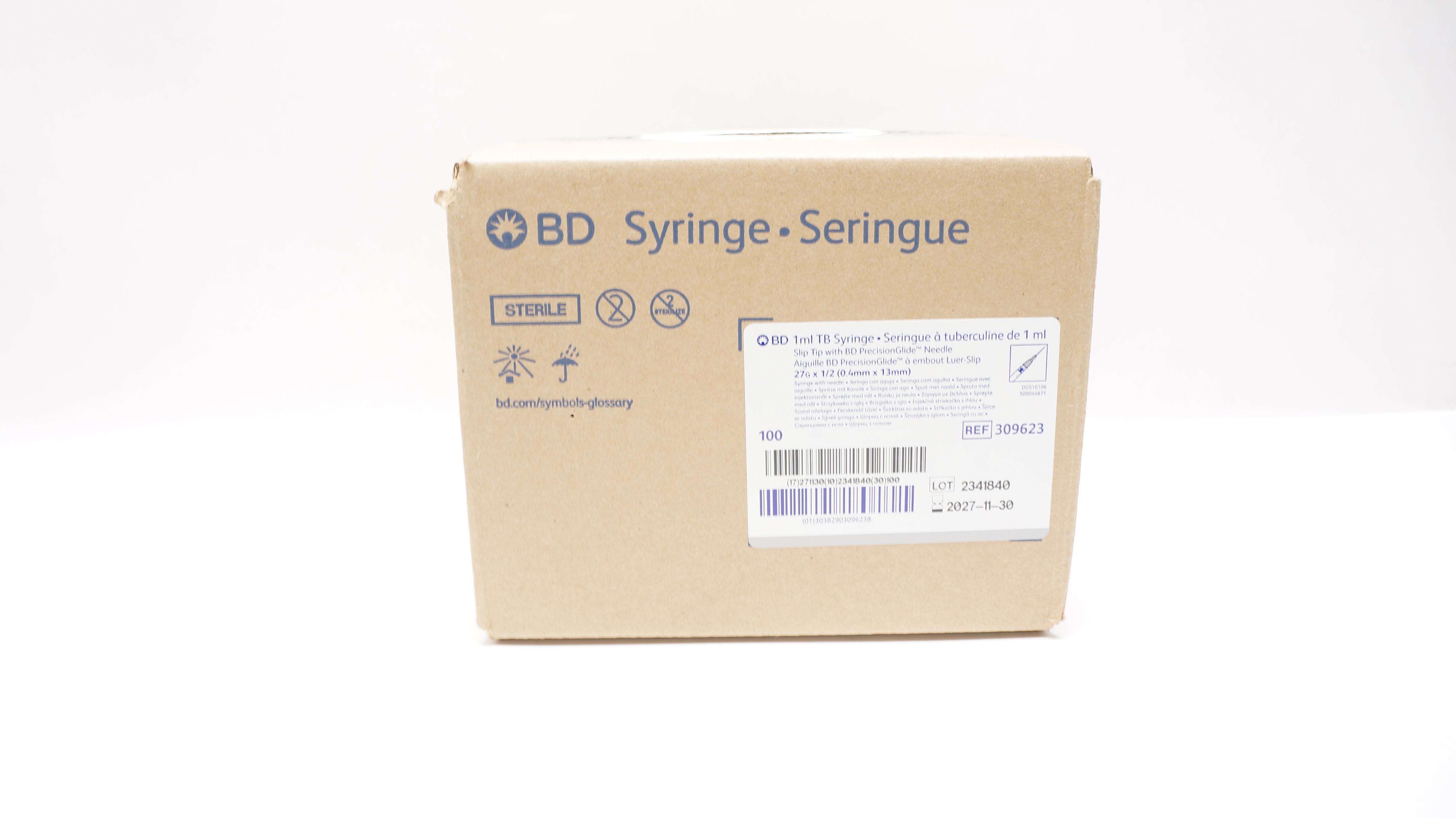 BD 309623 TB Syringe 1ml Slip Tip, 27G x 1/2 - Box of 100
