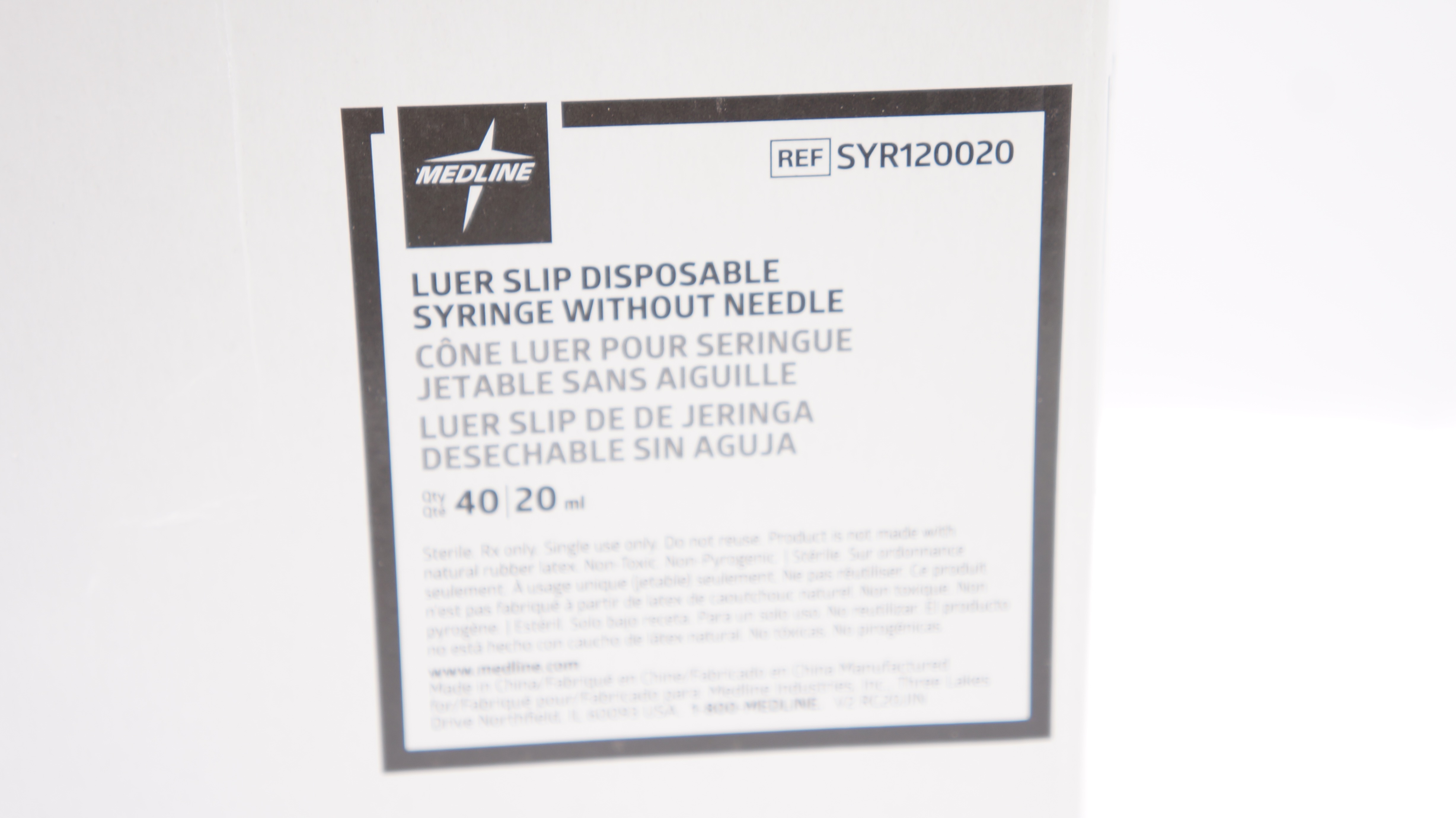 Medline SYR120020 Luer Slip Disposable Syringe Without Ndle 20ml - Box of 40