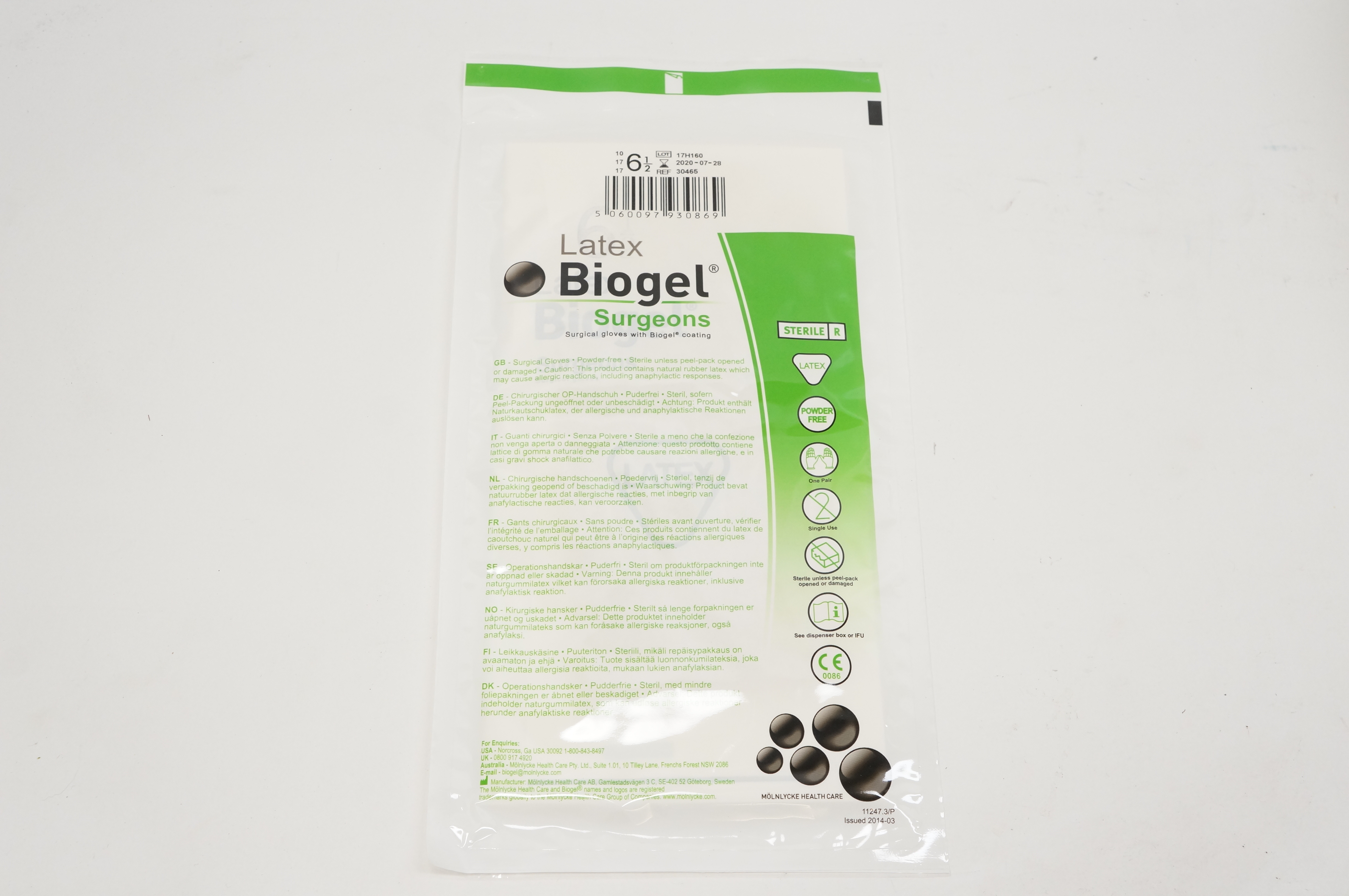 Molnlycke Health Care 30465 Biogel Surgeons Gloves, Size 6-1/2