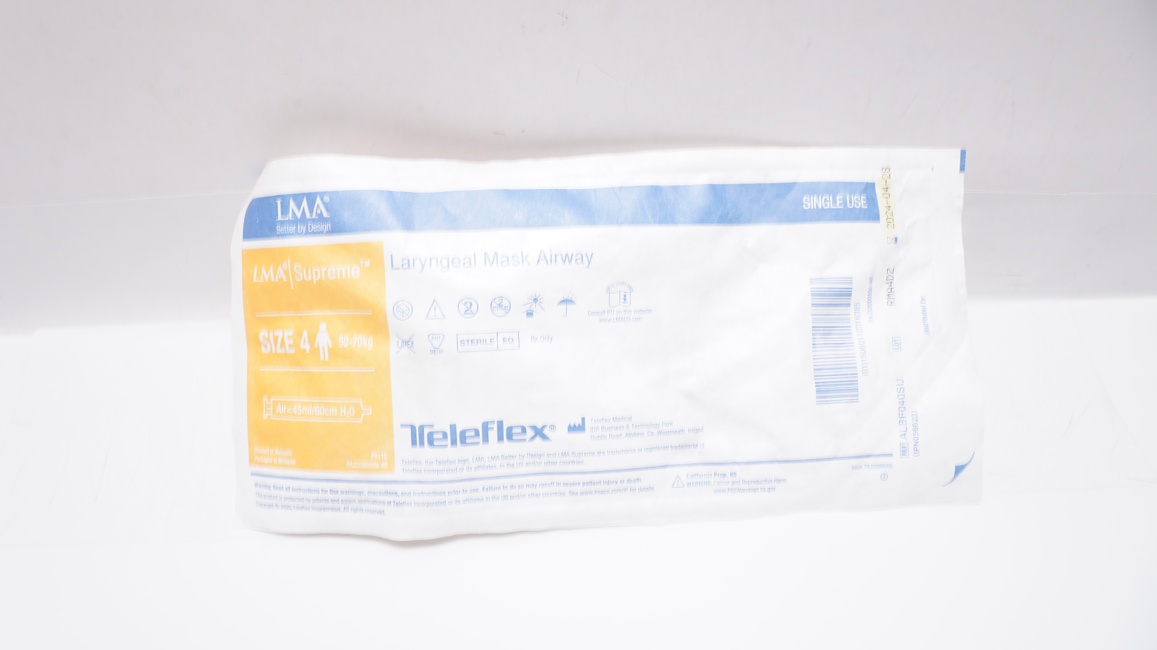 Teleflex ALBF040SU LMA Laryngeal Mask Airway Size 4 50-70kg, Air<45/60cm H2O