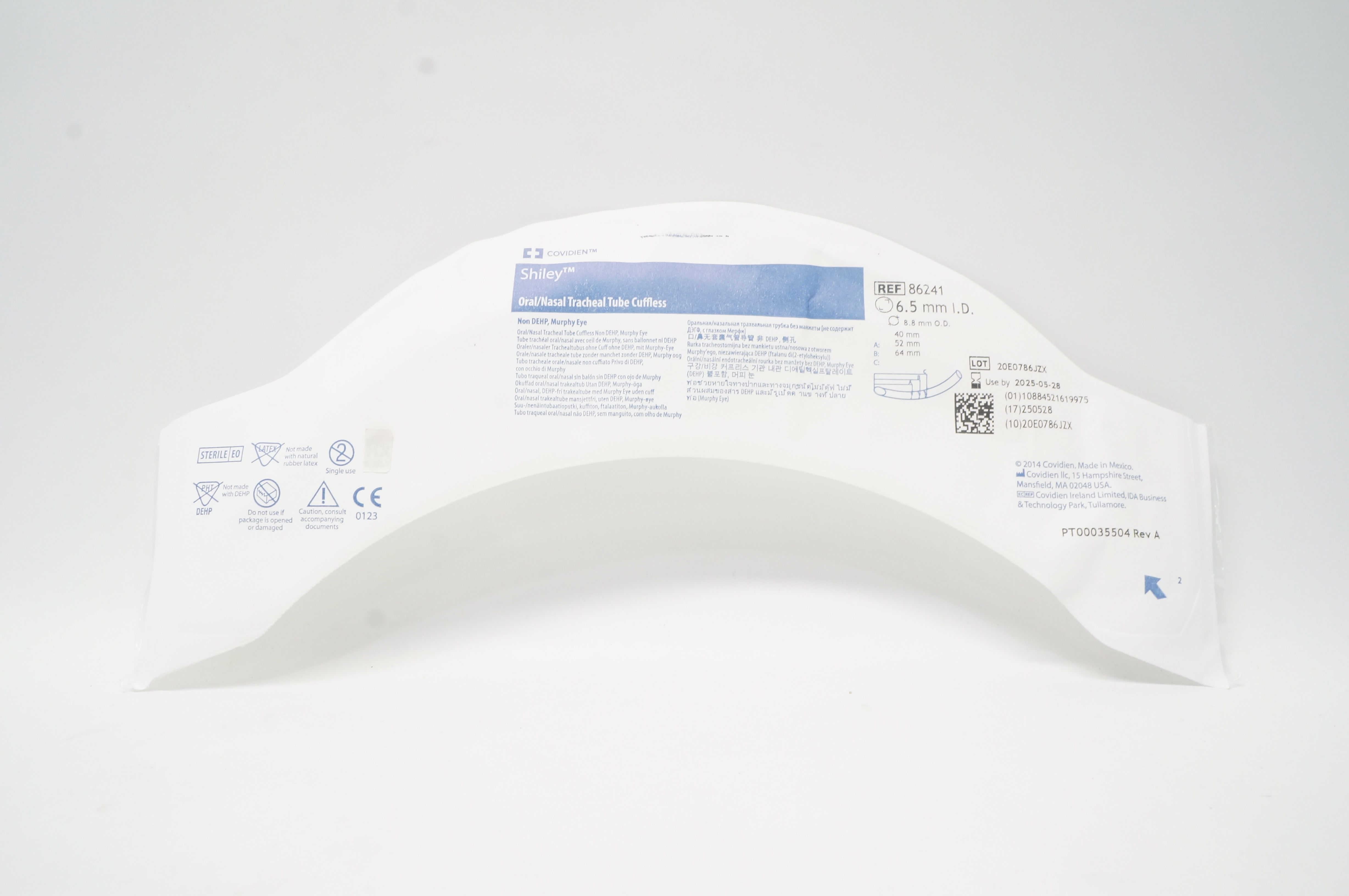 Covidien 86241 Shiley Oral/Nasal Tracheal Tube Cuffless 6.5mm ID x 8.8mm OD