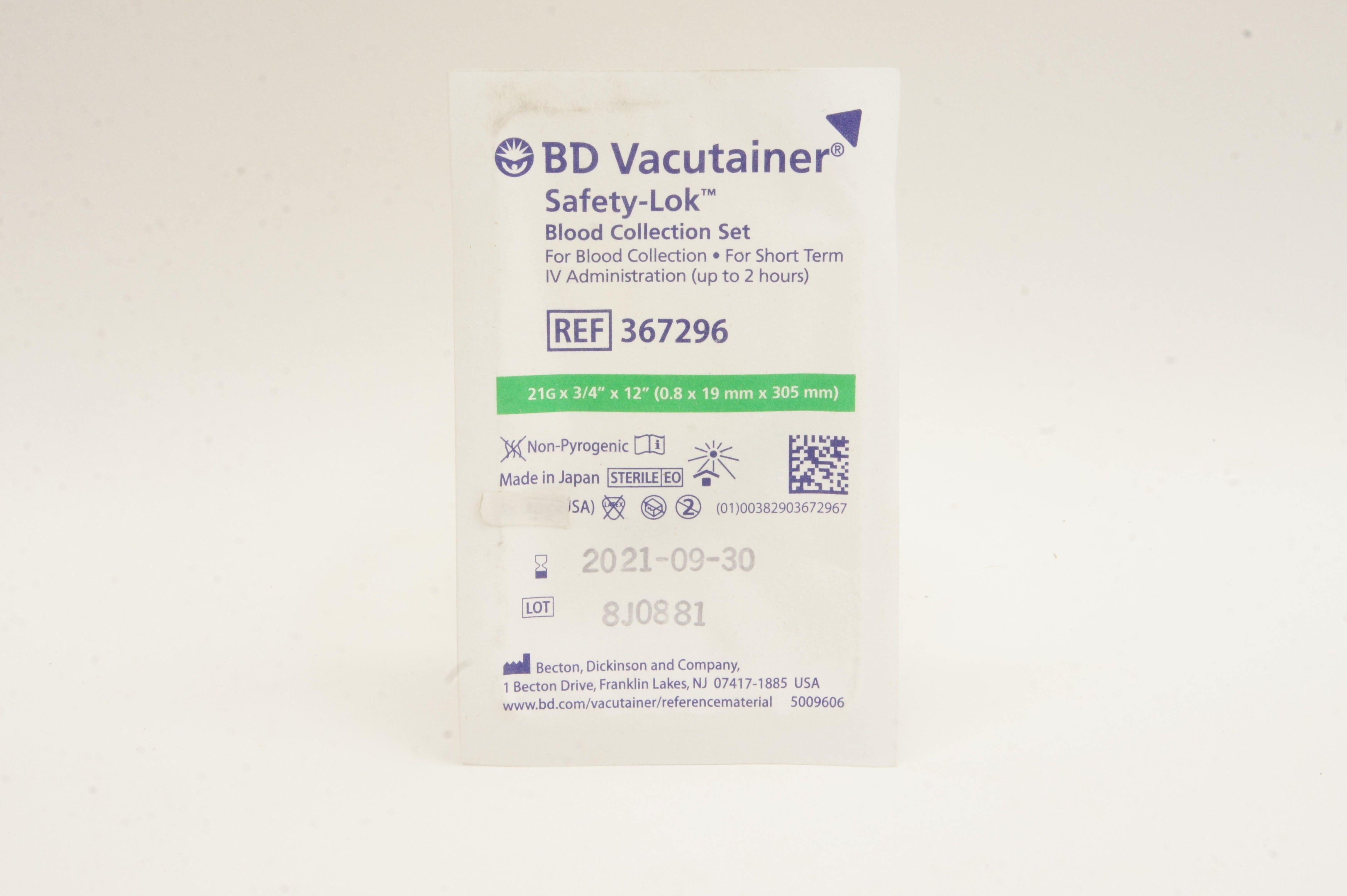 BD 367296 Vacutainer Safety-Lok Blood Collection Set 21G x 3/4inch x 12inch (x)